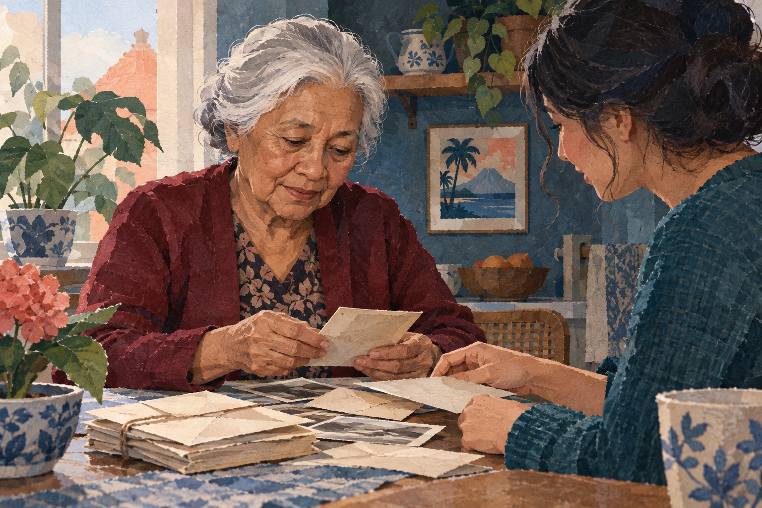 Conceptuele AI-illustratie van een oudere vrouw die thuis met een familielid oude papieren bekijkt.