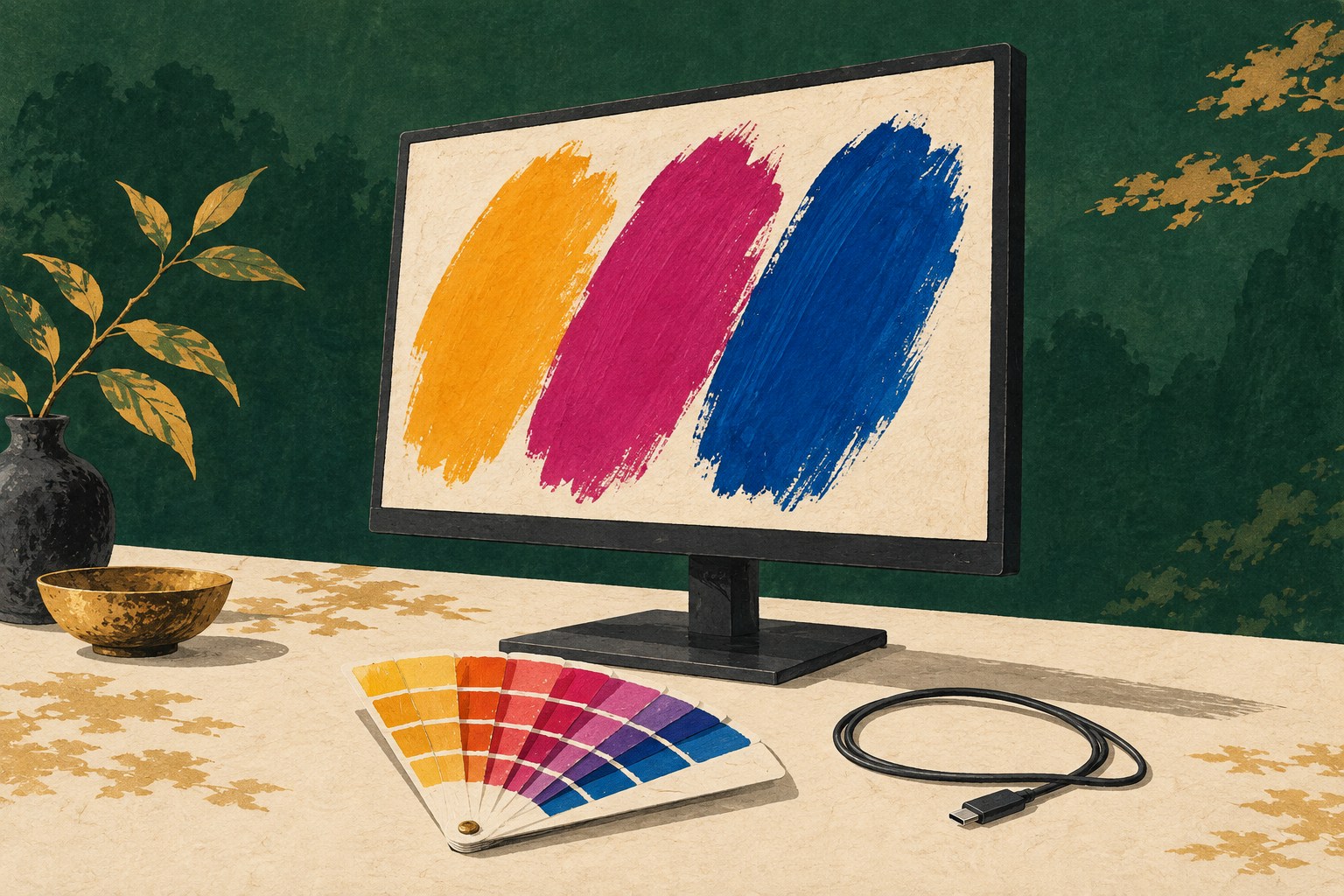 AI-illustratie van een beeldscherm, kleurstalen en een aansluitkabel; geen afbeelding van het daadwerkelijke ASUS-model.