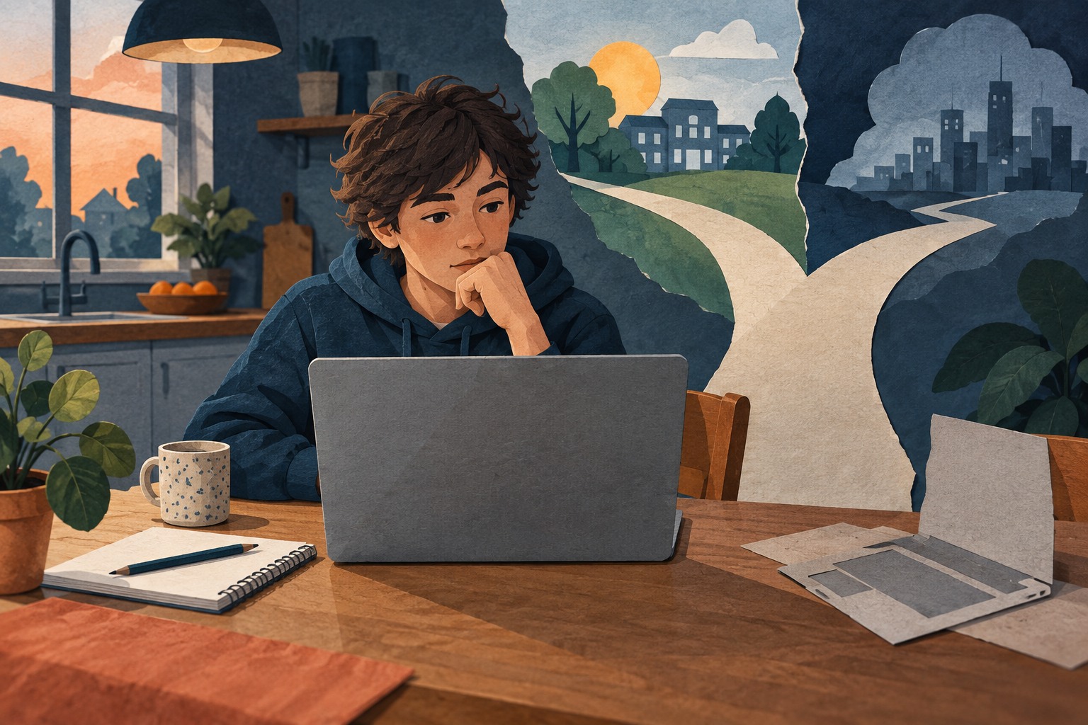 Geschilderde papiercollage van een leerling achter een laptop, met twee mogelijke paden als beeld voor de onzekere toekomst van Chromebooks.