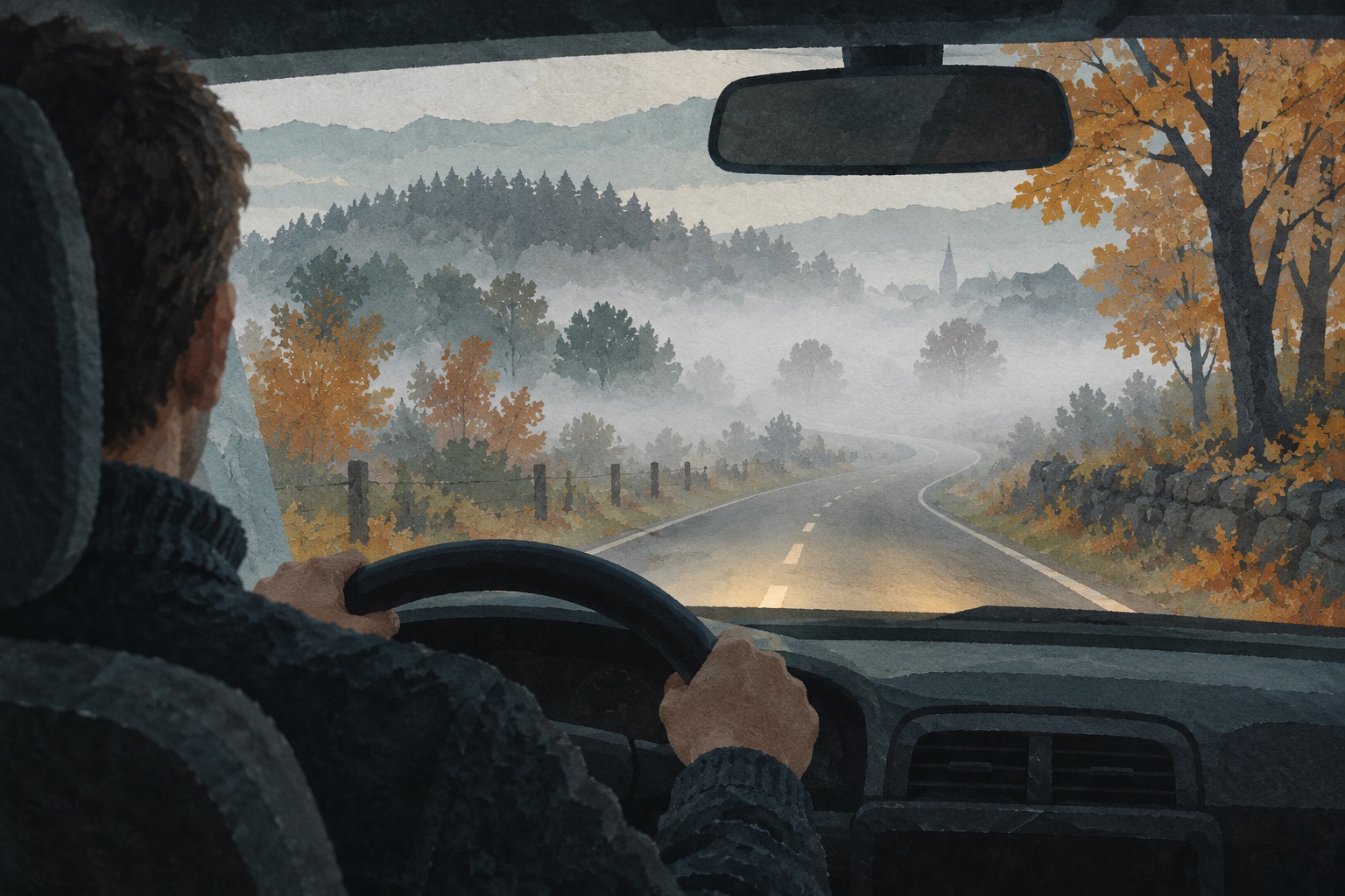 Conceptuele AI-illustratie van een bestuurder die door de voorruit naar een mistige weg met herfstbomen kijkt.