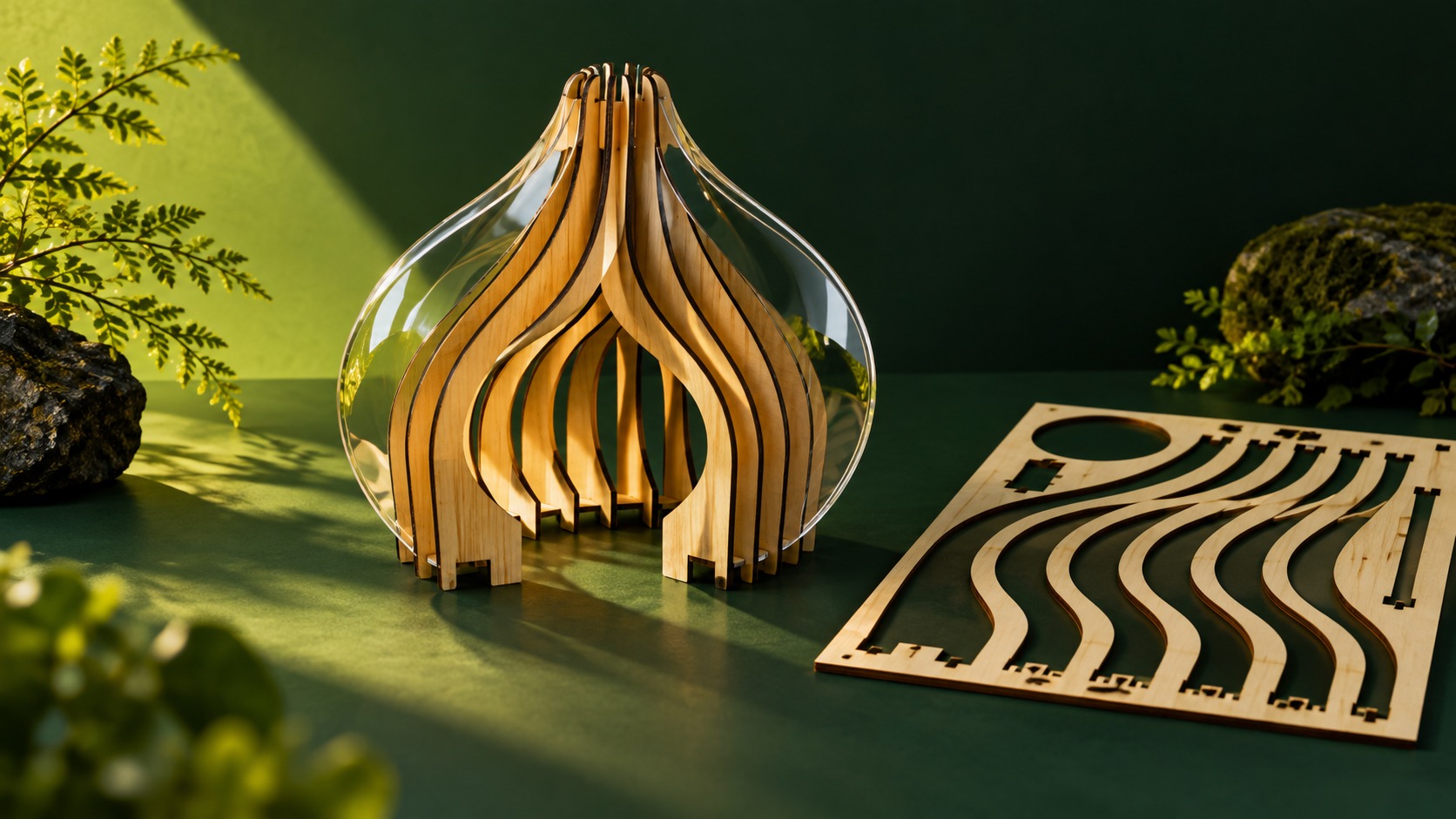 AI-conceptillustratie van een sculptuur uit houten ribben en transparante panelen naast een uitgesneden plaat.