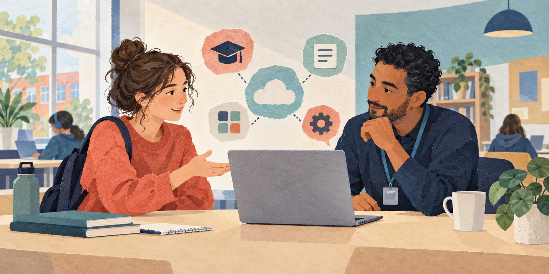 Illustratie van een student die met een medewerker over een laptop overlegt.