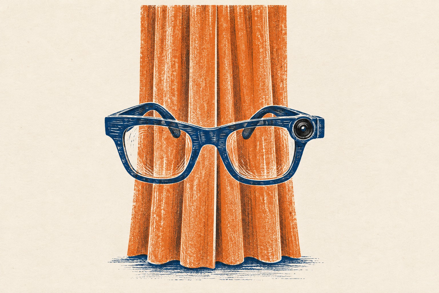 Conceptuele AI-illustratie in linodrukstijl van een blauwe camerabril voor een gesloten oranje privacygordijn.