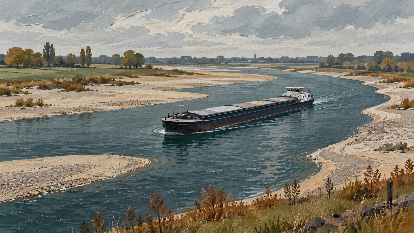 Conceptuele AI-illustratie van één vrachtschip op een fictieve rivier met drooggevallen oevers.