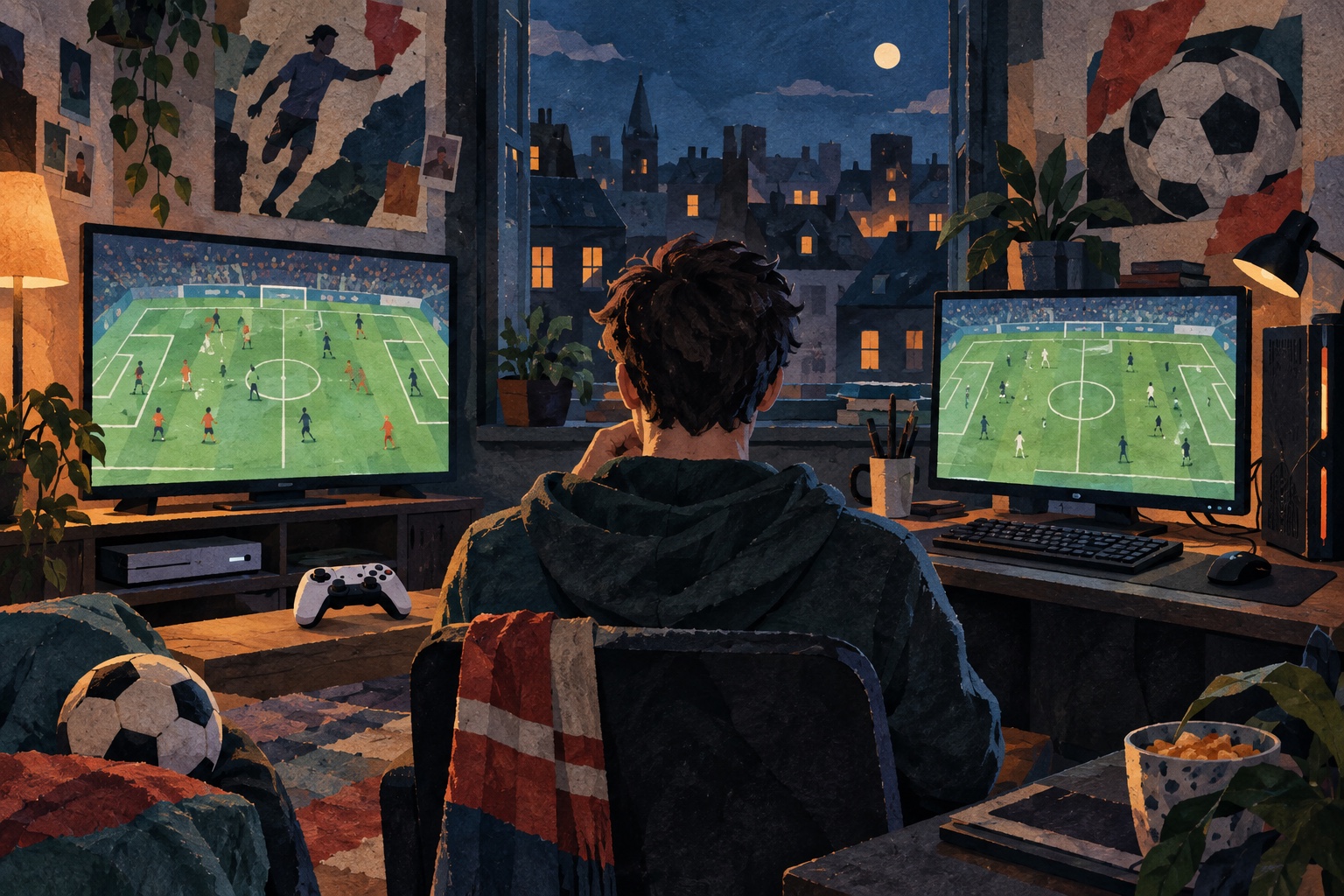 Conceptuele illustratie van een voetbalfan die thuis tussen spelen op een console en een pc kiest.