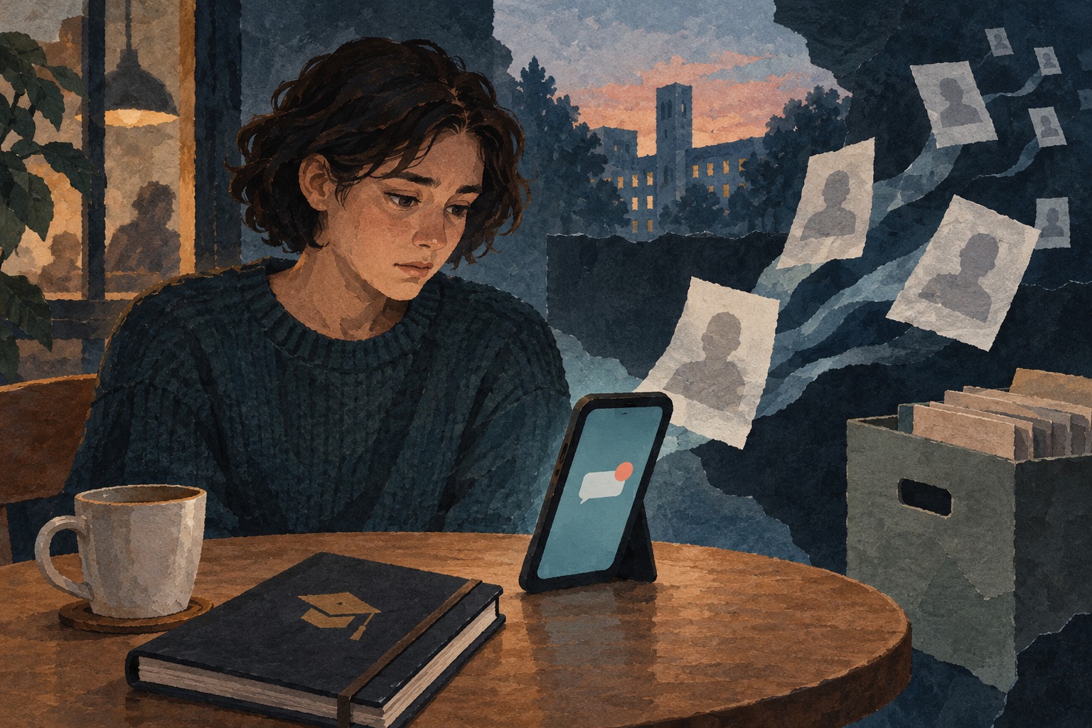Geschilderde illustratie van een oud-student naast een telefoon en archiefdoos.