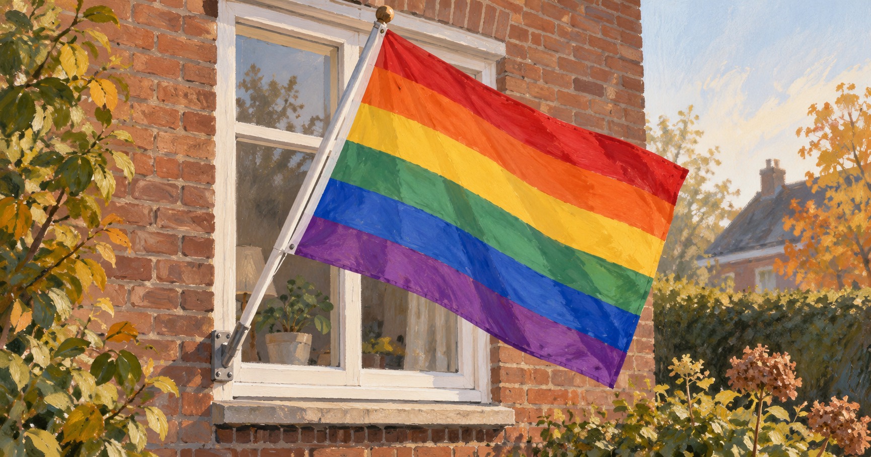 Conceptuele illustratie van een regenboogvlag met zes kleuren aan een gewone bakstenen woning; geen foto van de bijeenkomst in Wezep.