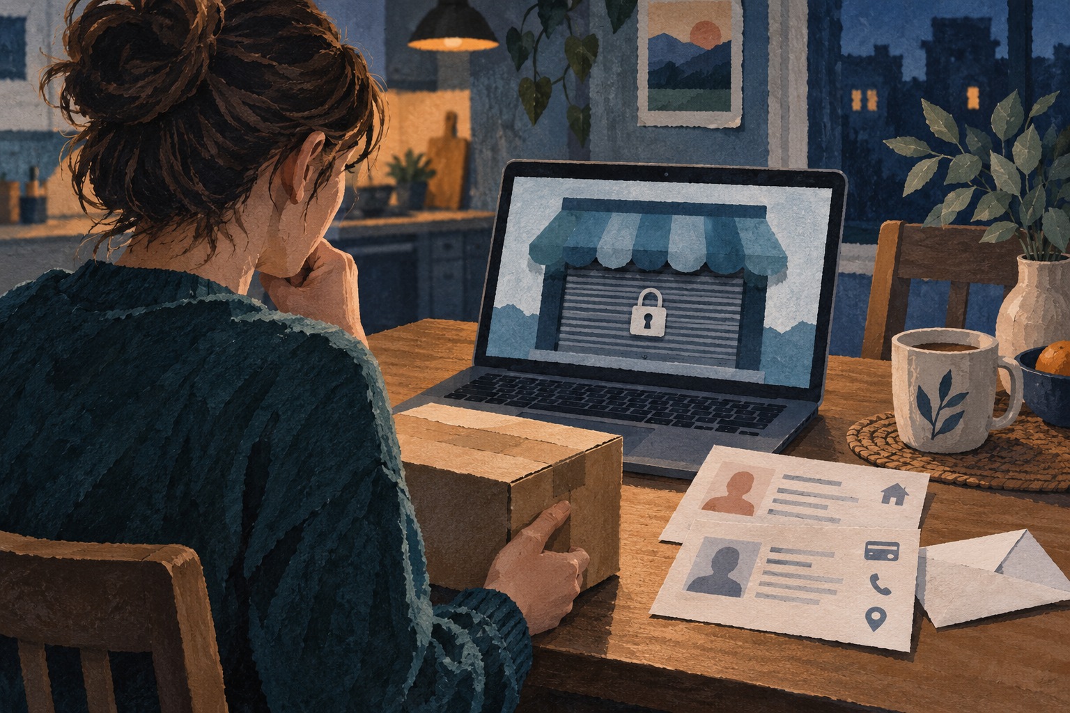 AI-illustratie van een klant met een pakket bij een laptop waarop een gesloten webwinkel is verbeeld.