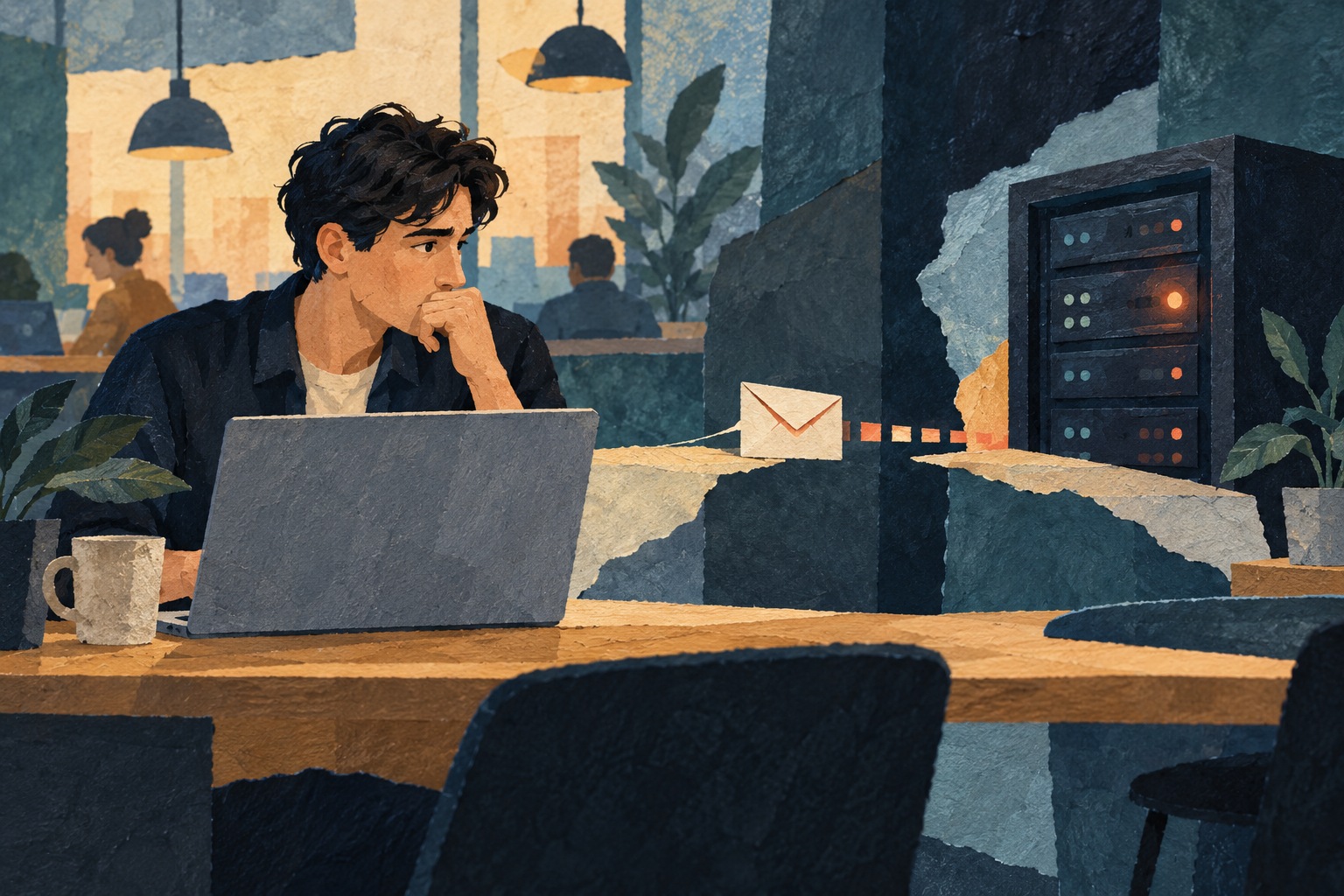 Conceptuele AI-illustratie van een medewerker die wacht op mailverzending, met een envelop tussen laptop en mailserver.