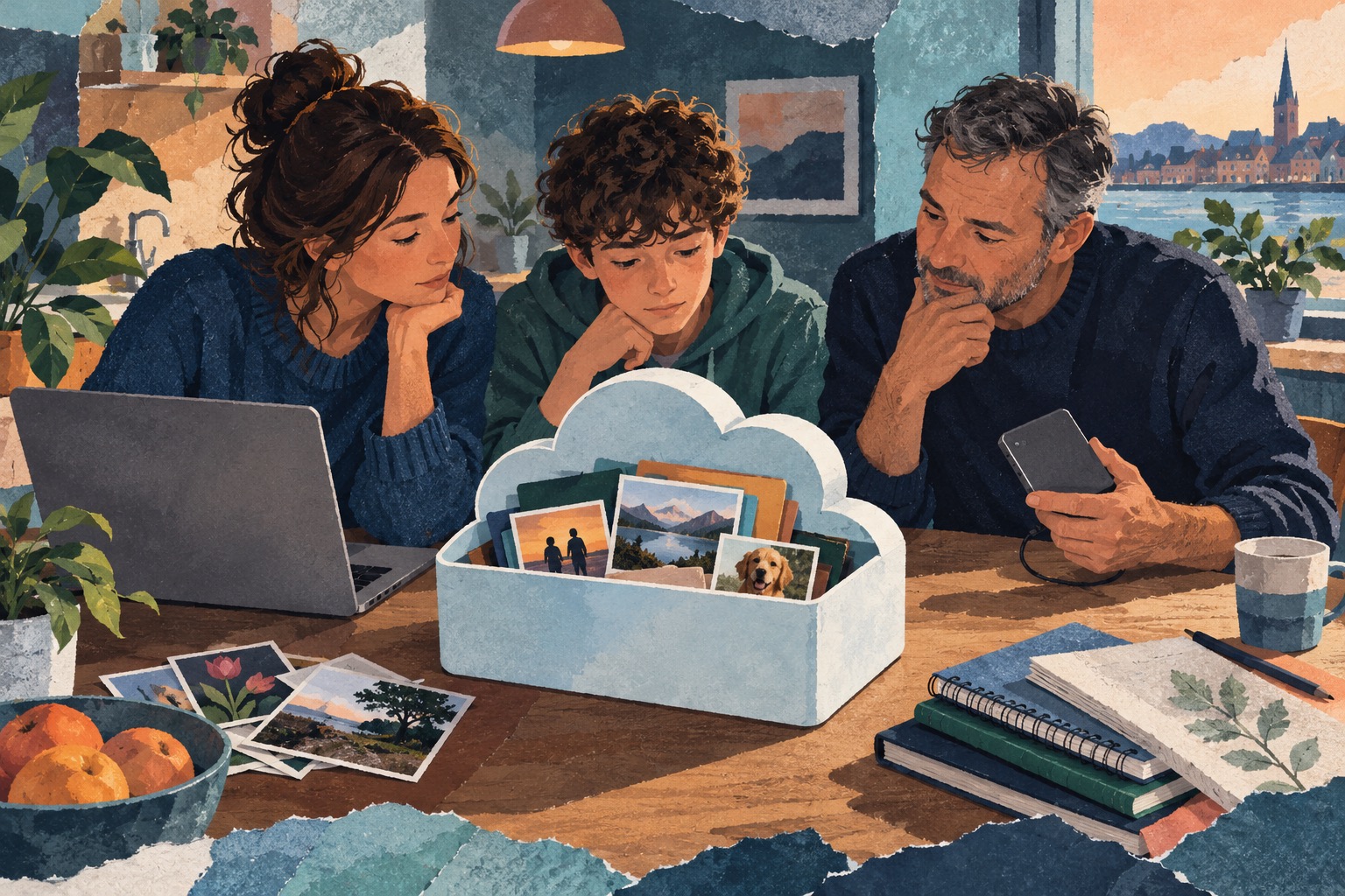 Illustratie van drie gezinsleden rond een cloudvormige bak met foto’s, een laptop en een losse opslagschijf.