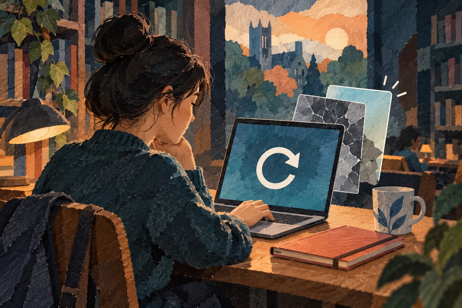 Conceptuele AI-illustratie van een student bij een laptop met een herstartsymbool; het beeld toont geen echte Chrome-interface of gemeten beveiligingstest.