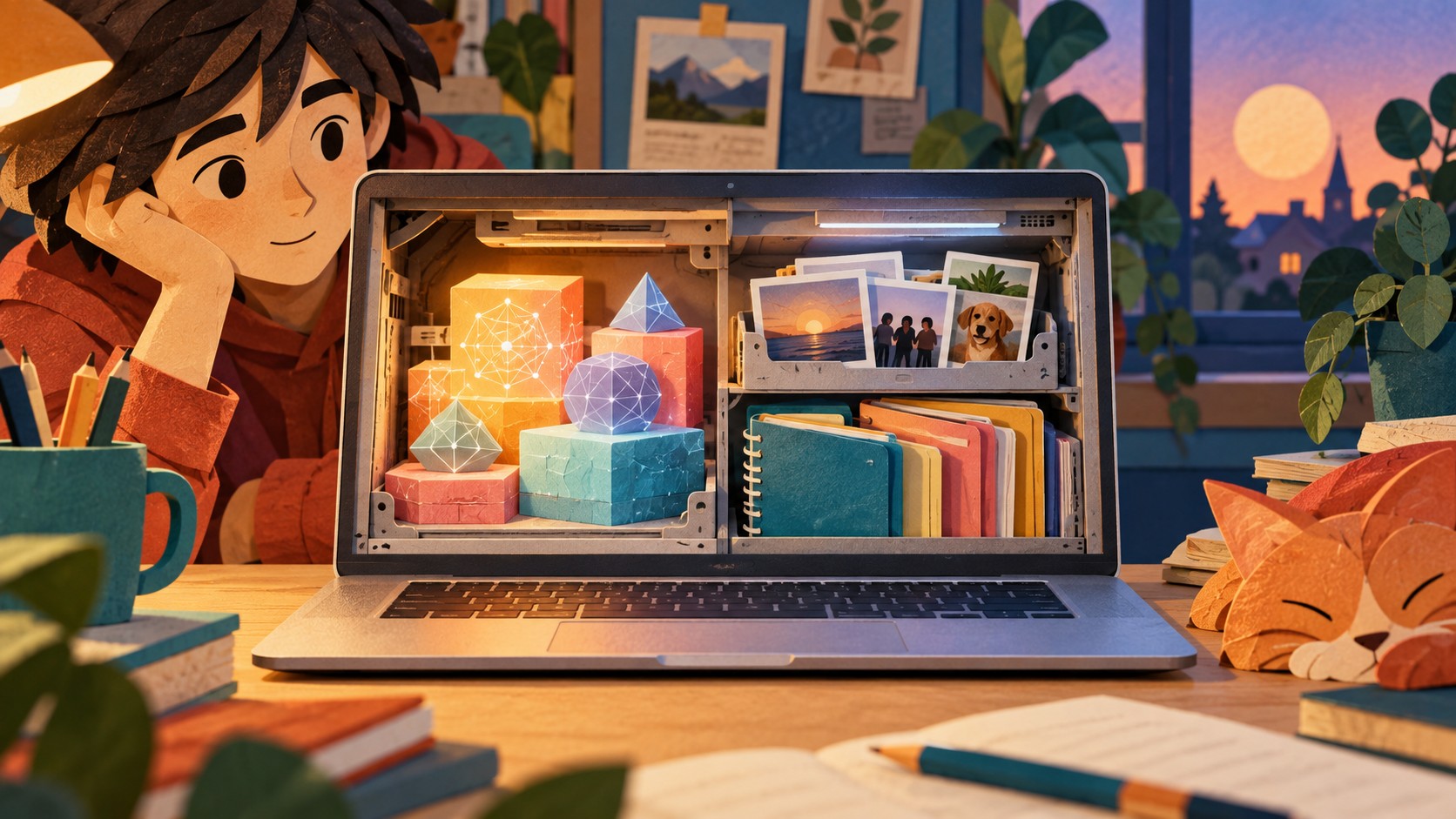 Conceptuele tekening van een laptop met een volle lade: AI-blokken staan naast foto’s en schoolmappen op dezelfde opslagruimte.