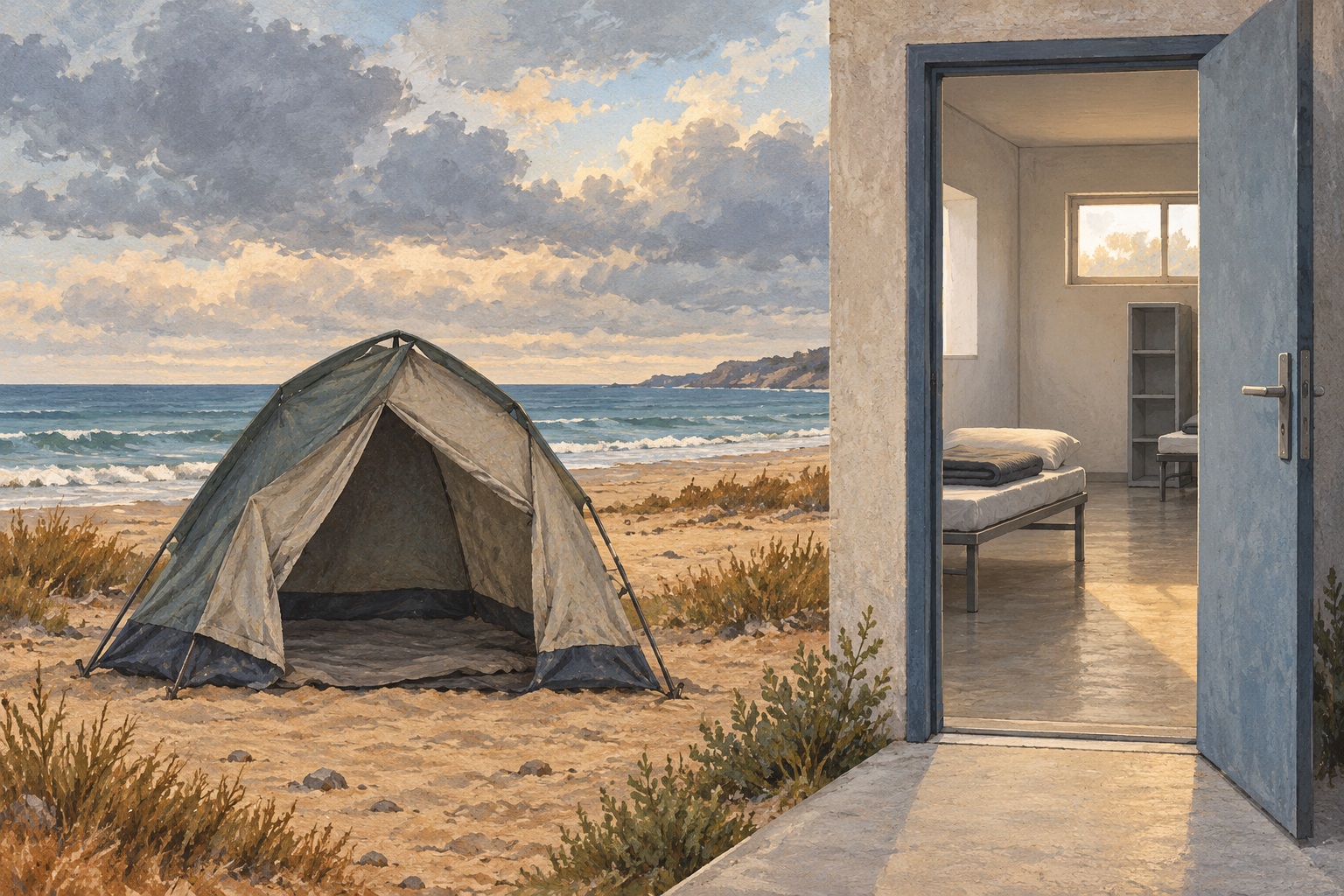 Conceptuele AI-illustratie van een tent aan zee naast een deur naar een eenvoudige slaapruimte; geen foto van het kamp of de opvang in Ceuta.