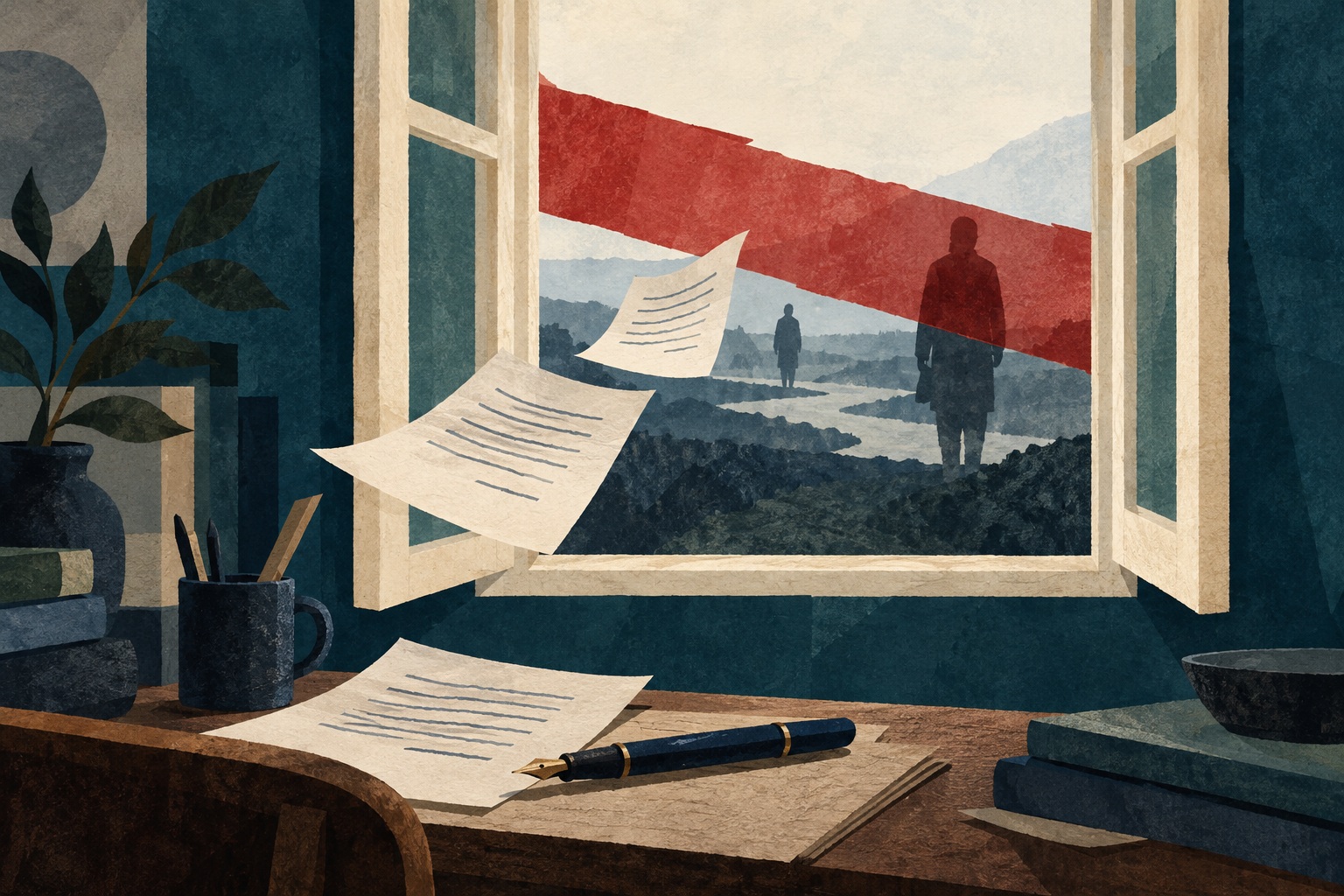 Conceptuele AI-illustratie van een raam met papieren, een pen en anonieme silhouetten, deels afgeschermd door een rode strook.