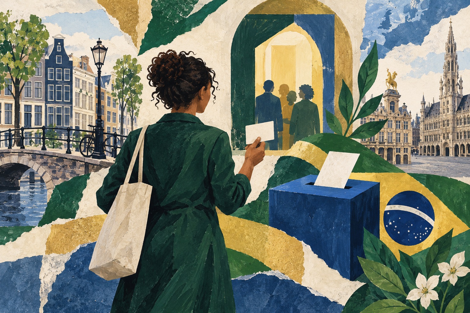 Conceptuele illustratie van een Braziliaanse kiezer met identiteitskaart, een stembus en Europese stadsgevels.