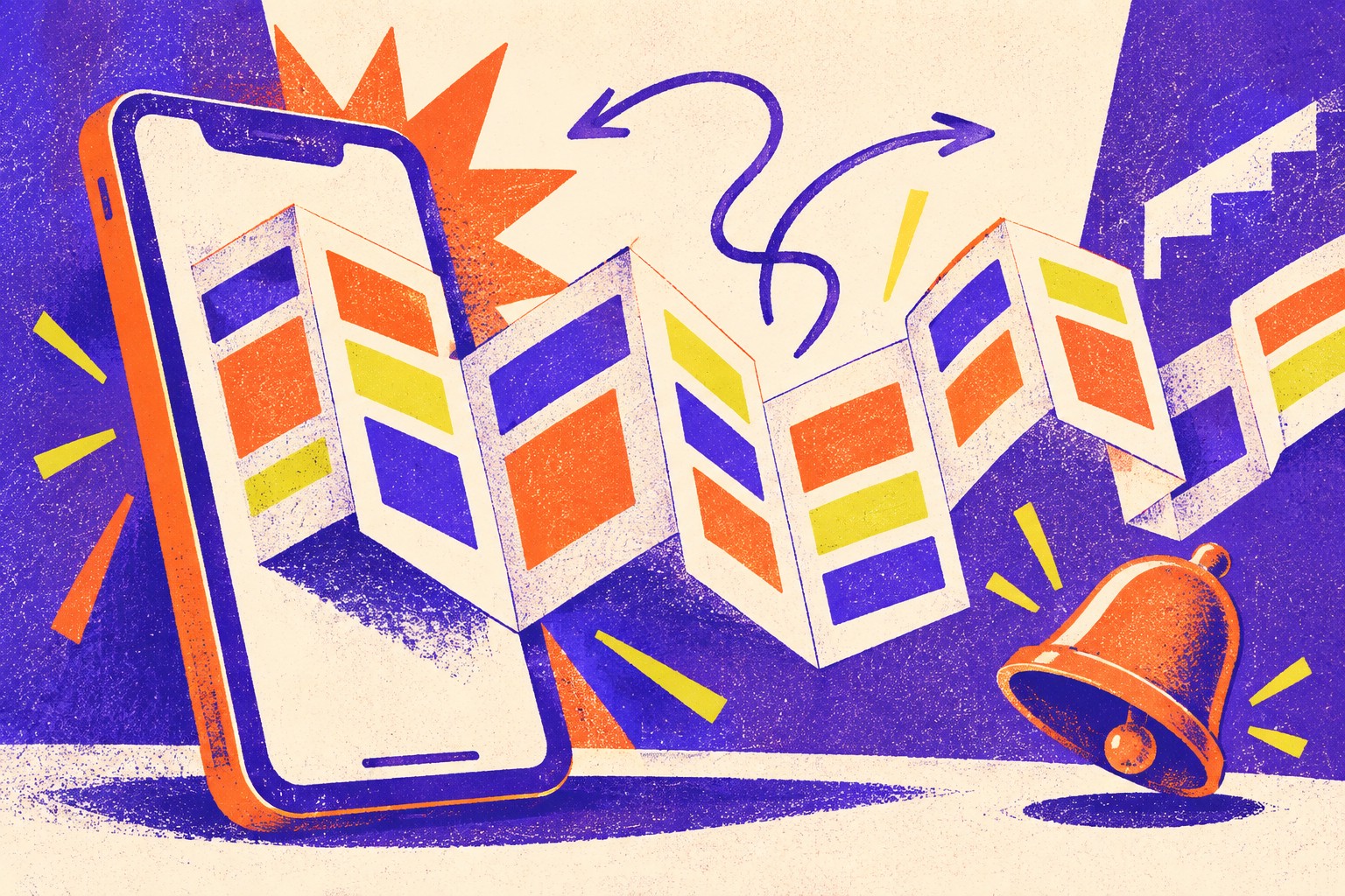 AI-illustratie van een telefoon met een uitgevouwen, abstract lesrooster en een schoolbel, in paars en oranje; geen echte Magister-interface.