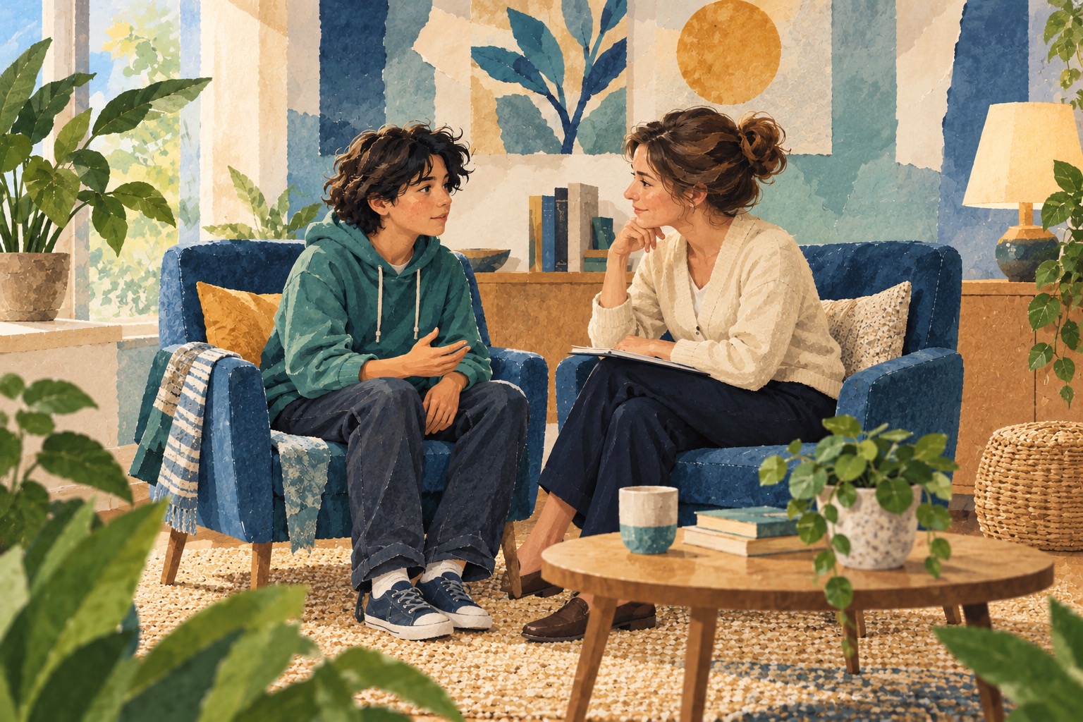 Conceptuele AI-illustratie van een jongere in gesprek met een aandachtig luisterende volwassene in een rustige kamer.