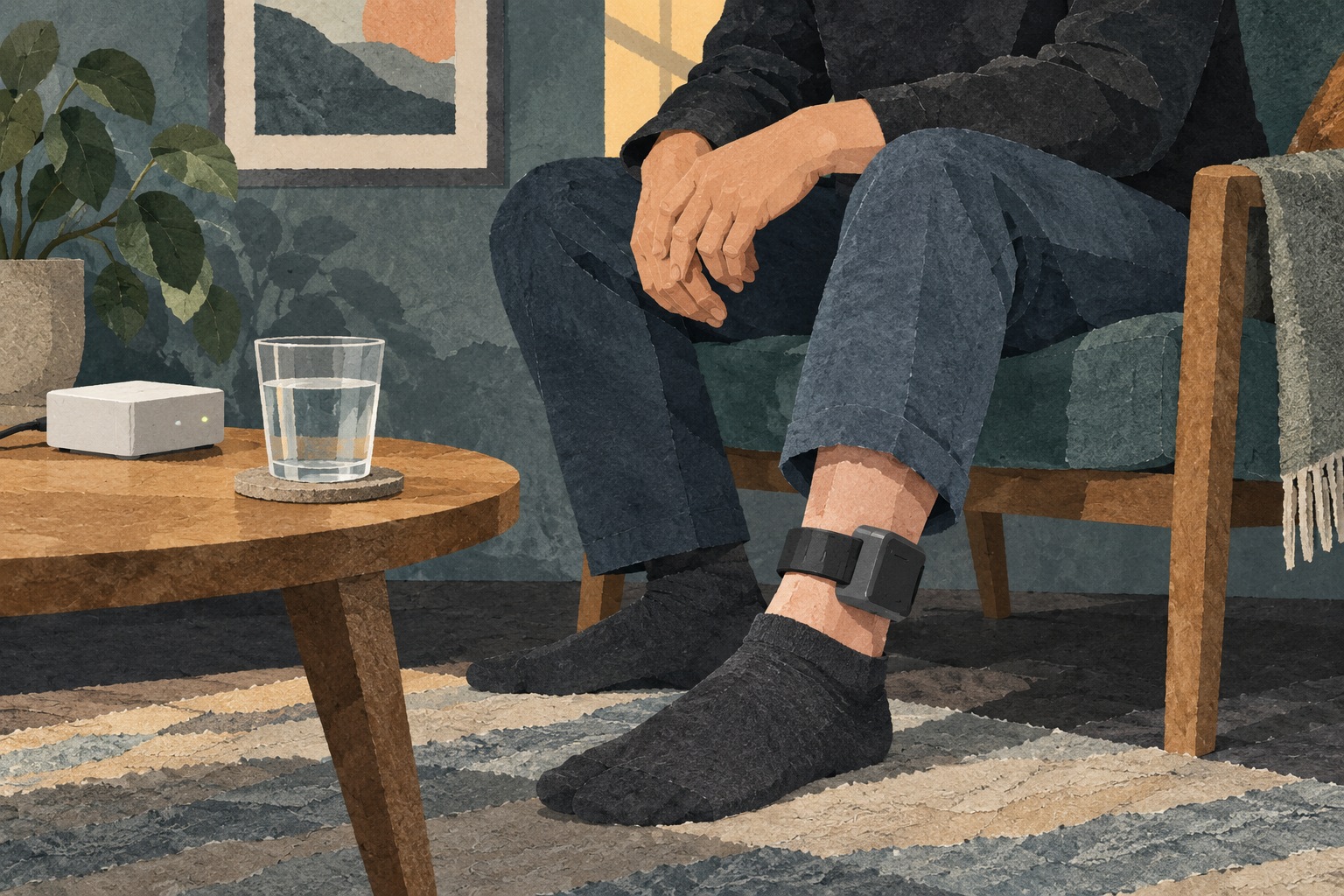 Conceptuele AI-illustratie: een persoon zit thuis met een generieke meetband rond de enkel; geen echte productfoto.
