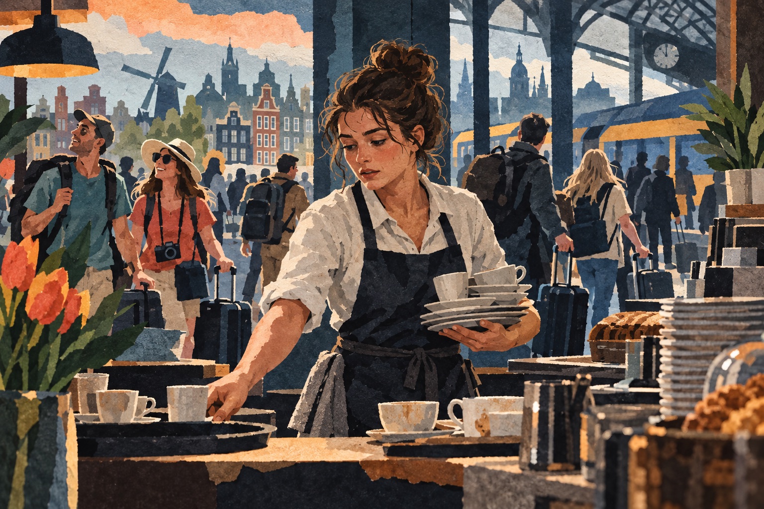 Illustratie: een medewerker draagt kopjes in een druk café terwijl reizigers met koffers op de achtergrond passeren.