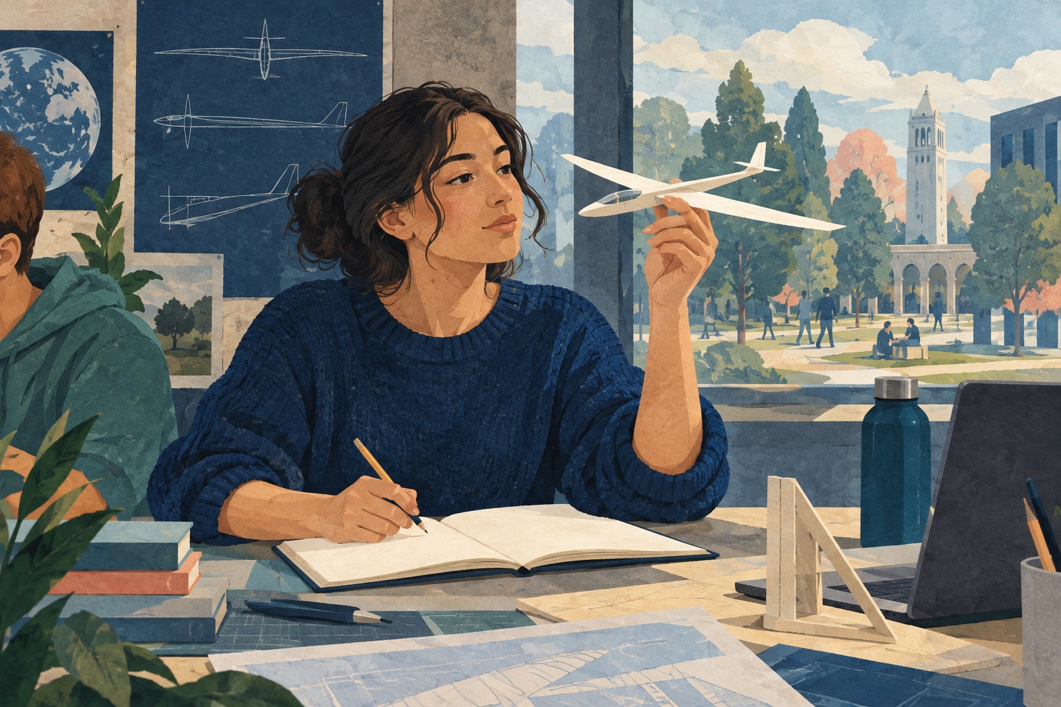 Conceptuele AI-illustratie van een studente die aan een werktafel een modelzweefvliegtuig bekijkt.