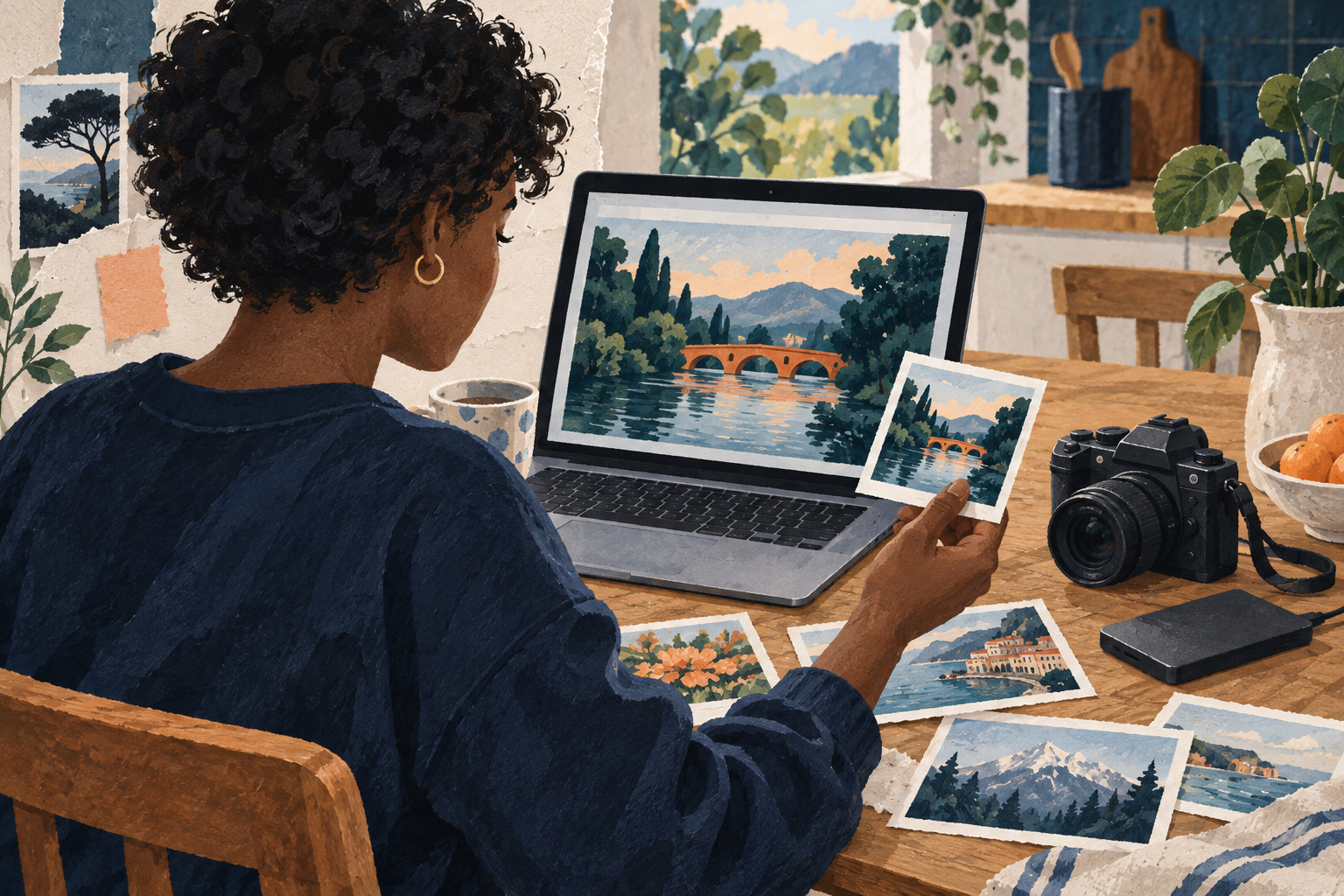 Conceptuele AI-papiercollage van een jongere die een foto op papier vergelijkt met hetzelfde landschap op haar laptop.