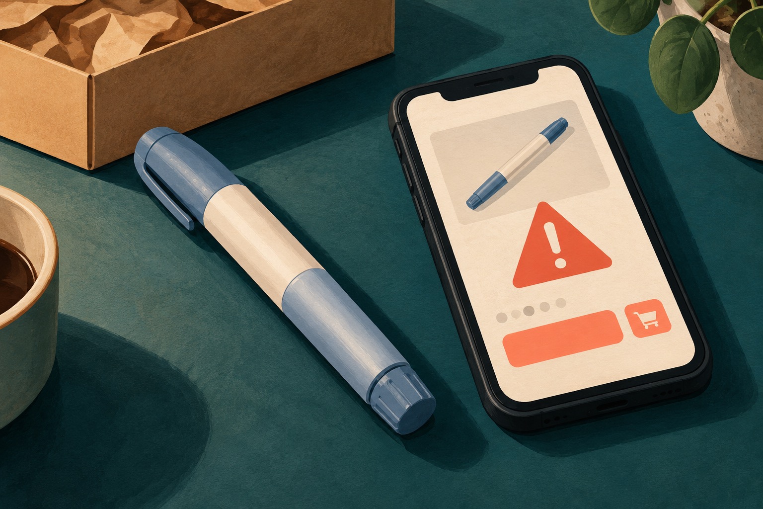 Conceptuele AI-illustratie van een merkloze injectiepen naast een telefoon met een waarschuwing bij een verkoopadvertentie; geen foto van de gestolen pennen.