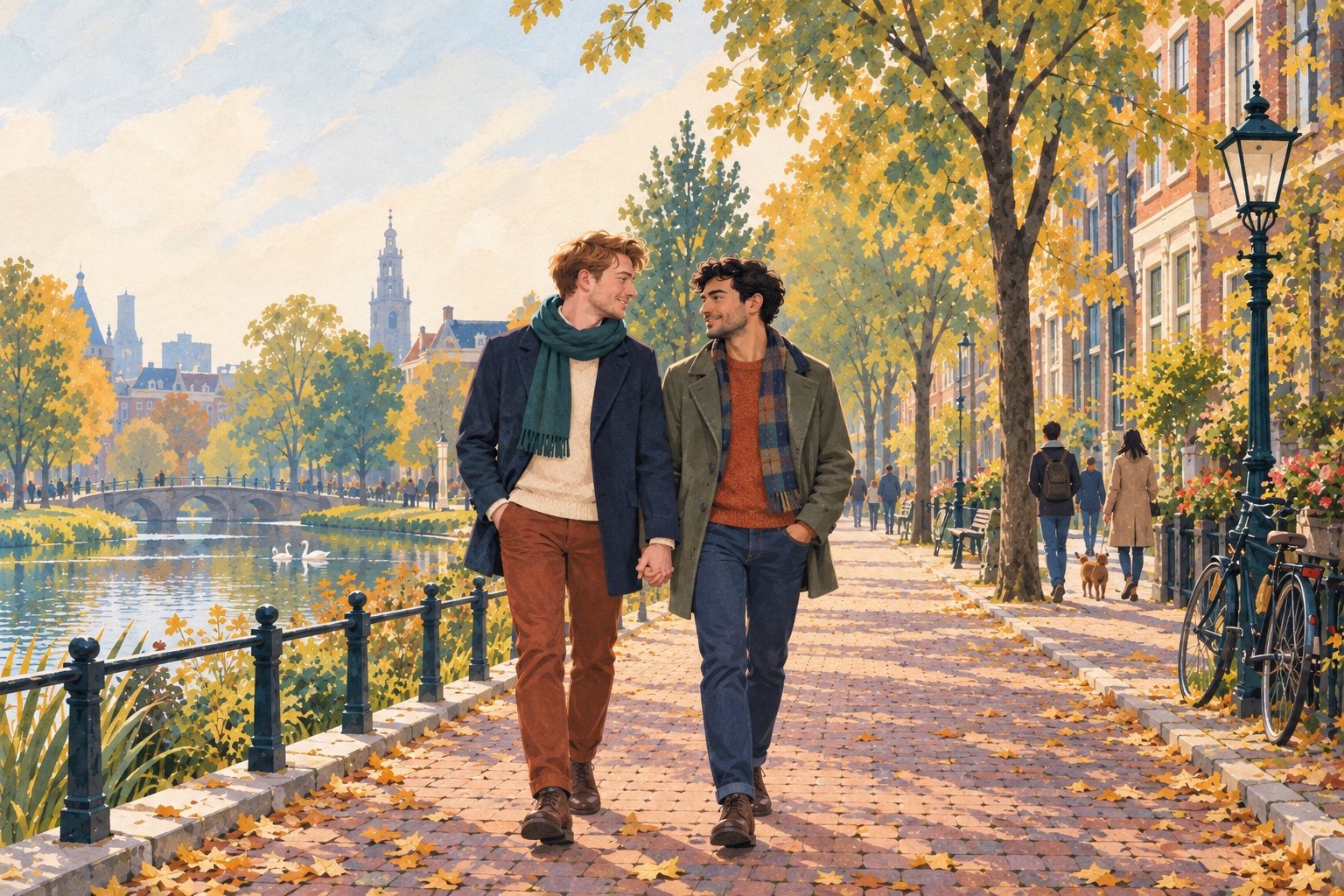 Illustratie van twee volwassen mannen die samen hand in hand langs een stadsgracht lopen.