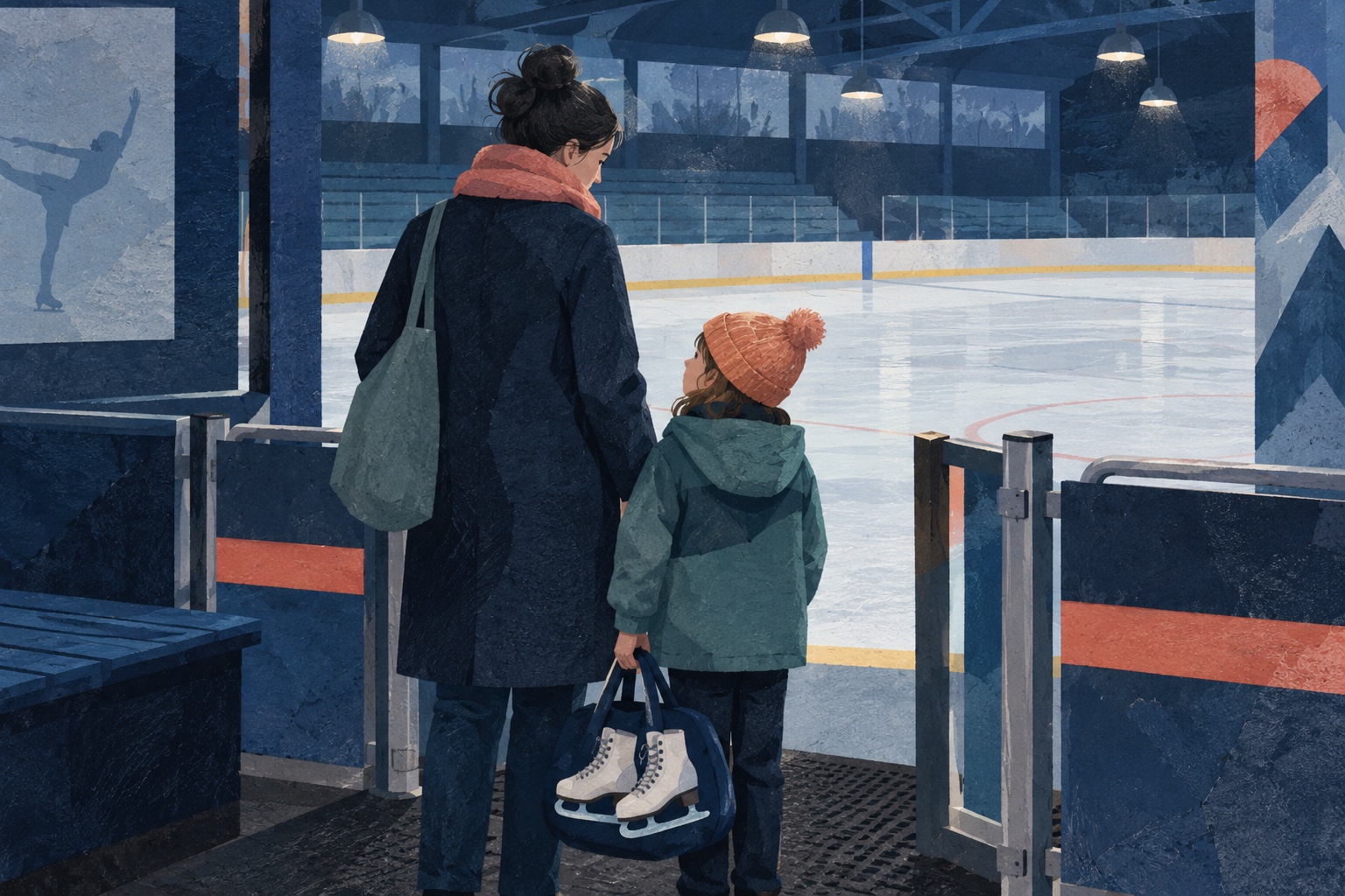 Conceptuele illustratie van een ouder en kind met schaatsen bij een gesloten, niet-bestaande ijsbaan.