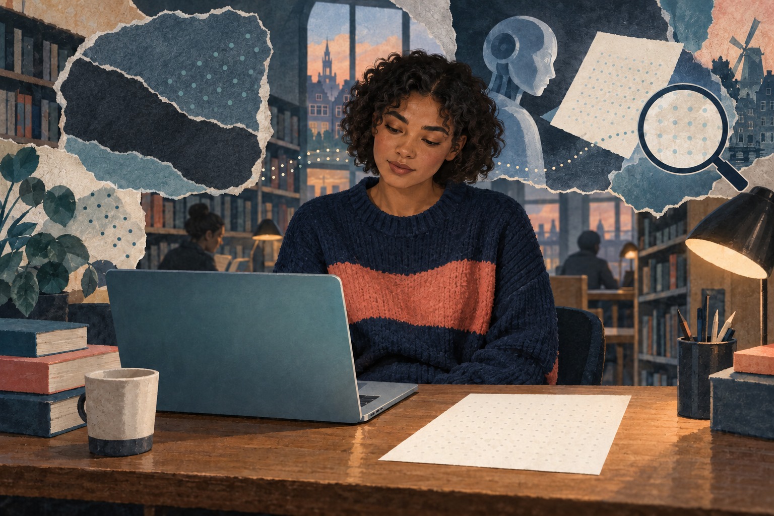 Illustratie van een jonge lezer bij een laptop en een blanco vel, met abstracte patronen die een verborgen herkomstsignaal voorstellen.