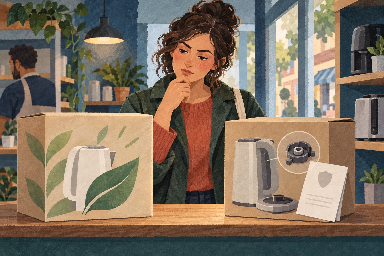 Illustratie van een koper die twee apparaten vergelijkt: een doos met groen bladmotief en een doos met reserveonderdeel en papieren kaart.