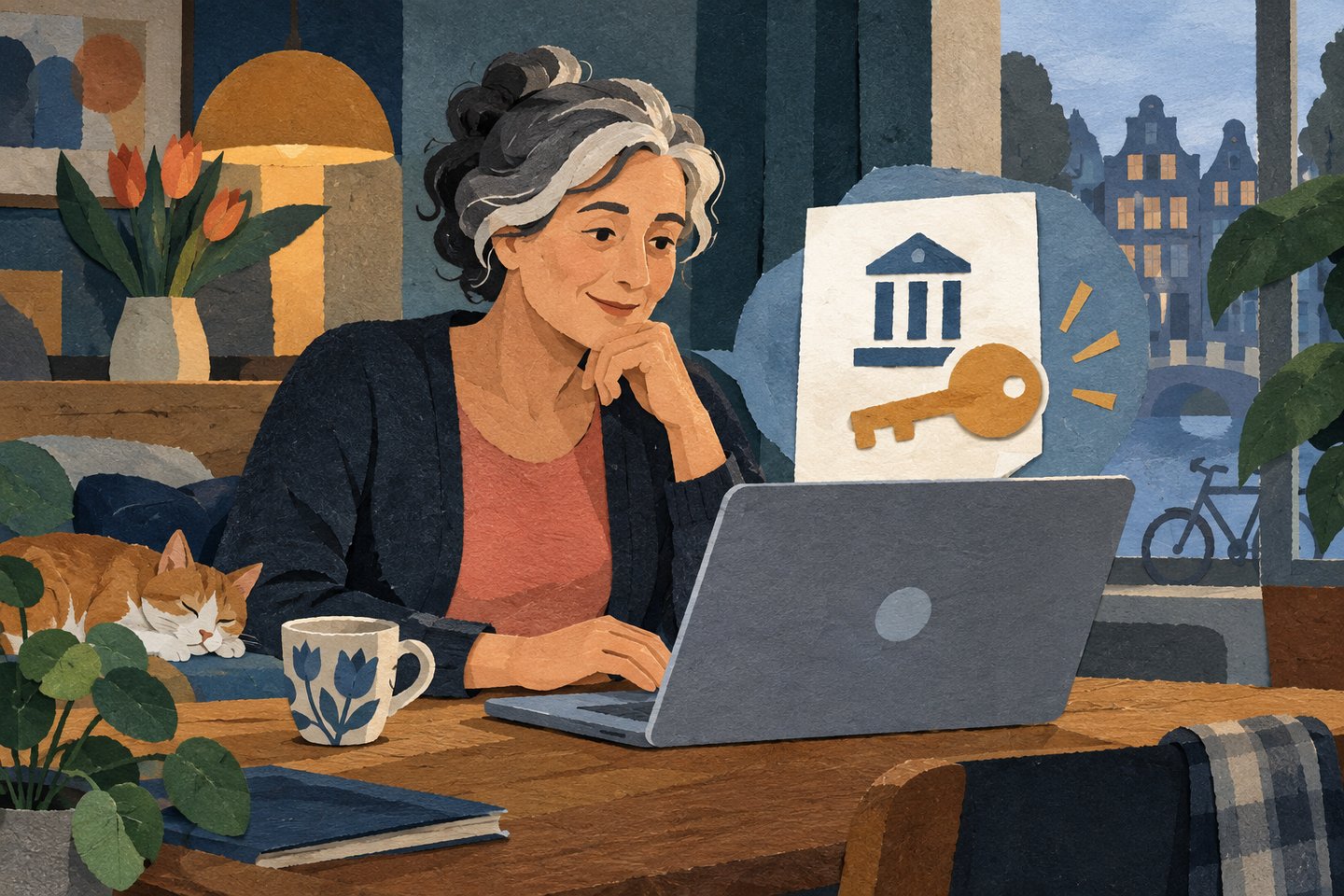 Geschilderde papiercollage van iemand die thuis zelfstandig op een laptop inlogt; dit is een conceptuele voorstelling van de nieuwe DigiD-app, geen echt scherm.