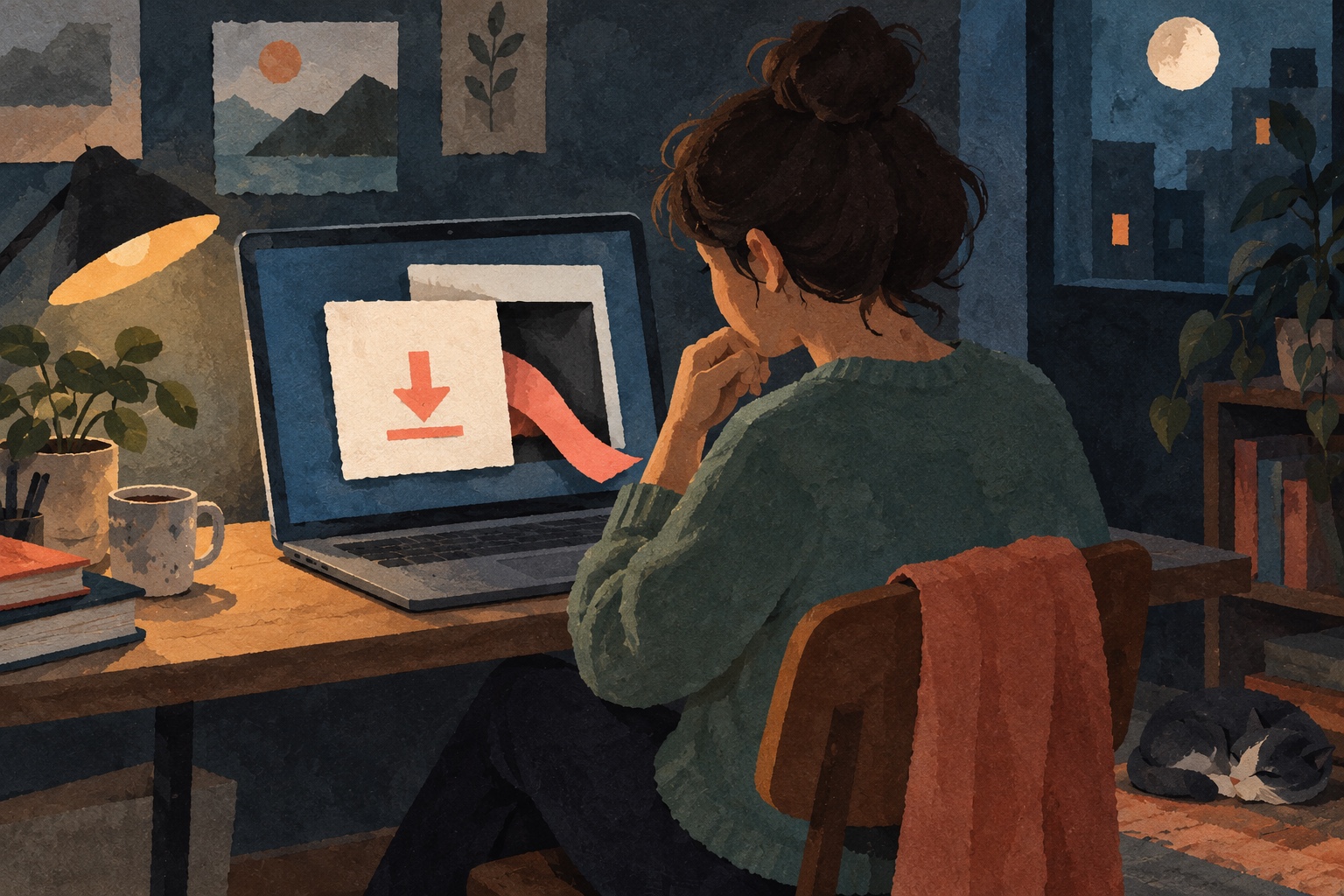 AI-illustratie van een jongvolwassene bij een laptop, met gelaagde vensters en een verborgen route achter een downloadvenster.