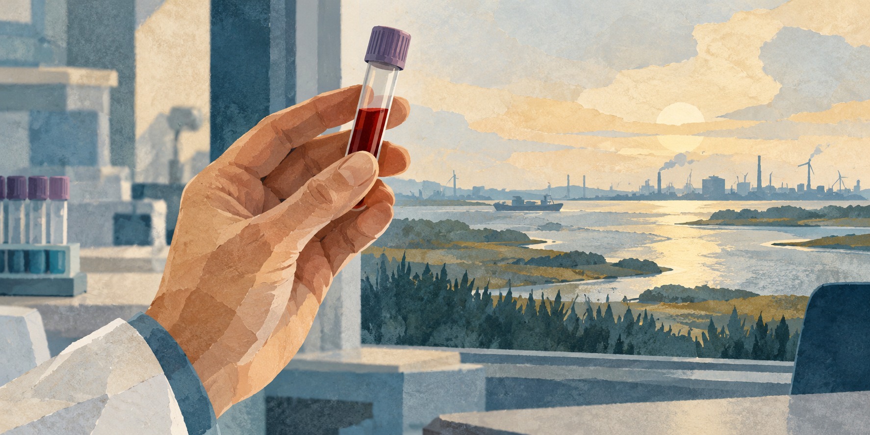 Conceptuele illustratie van een bloedmonster voor PFAS-onderzoek met een rivier en industrie op de achtergrond; geen beeld van de onderzochte donoren.