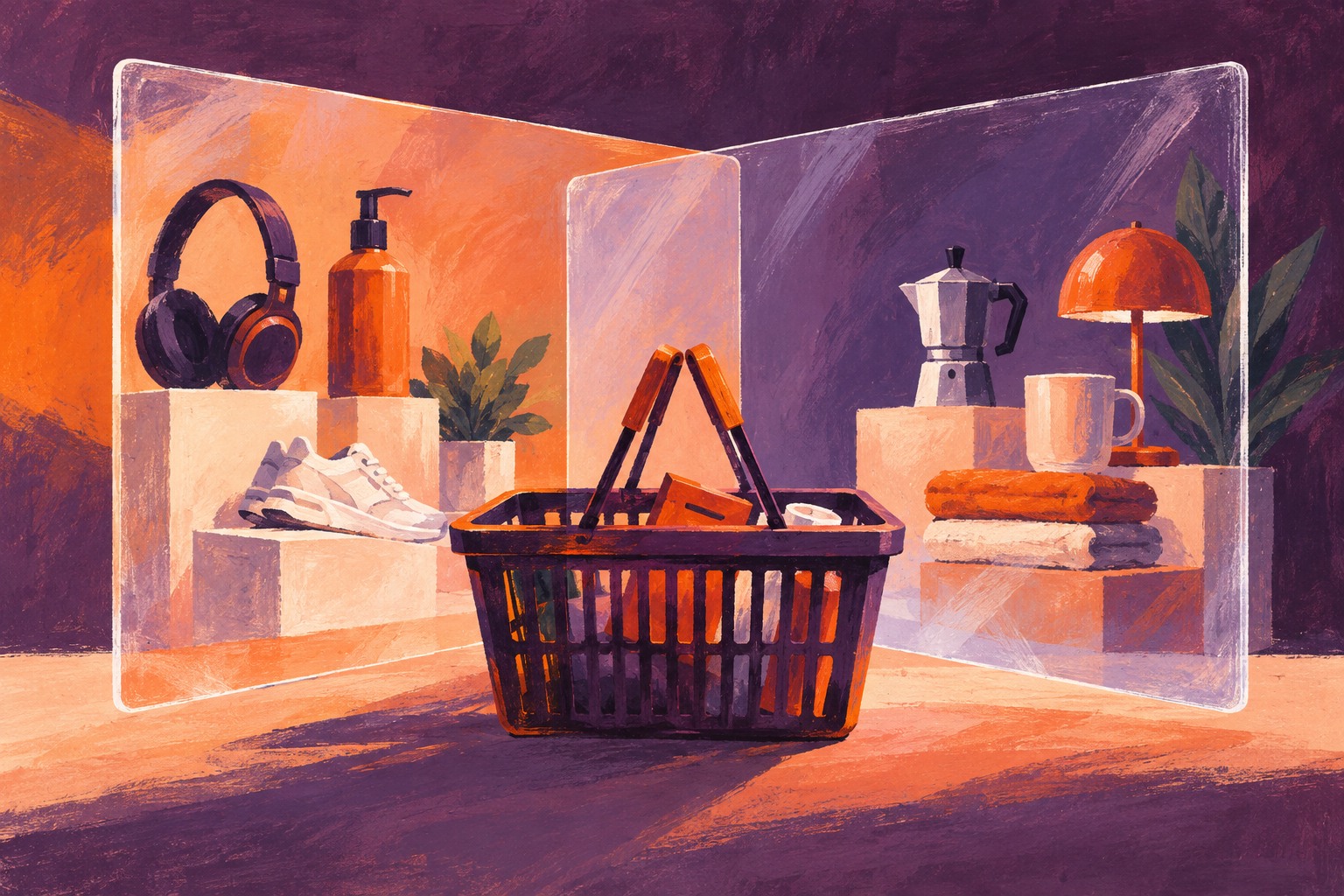 Conceptuele AI-illustratie van een winkelmand voor twee overlappende etalageruiten met producten, geschilderd in aubergine en oranje; geen echt zoekscherm.