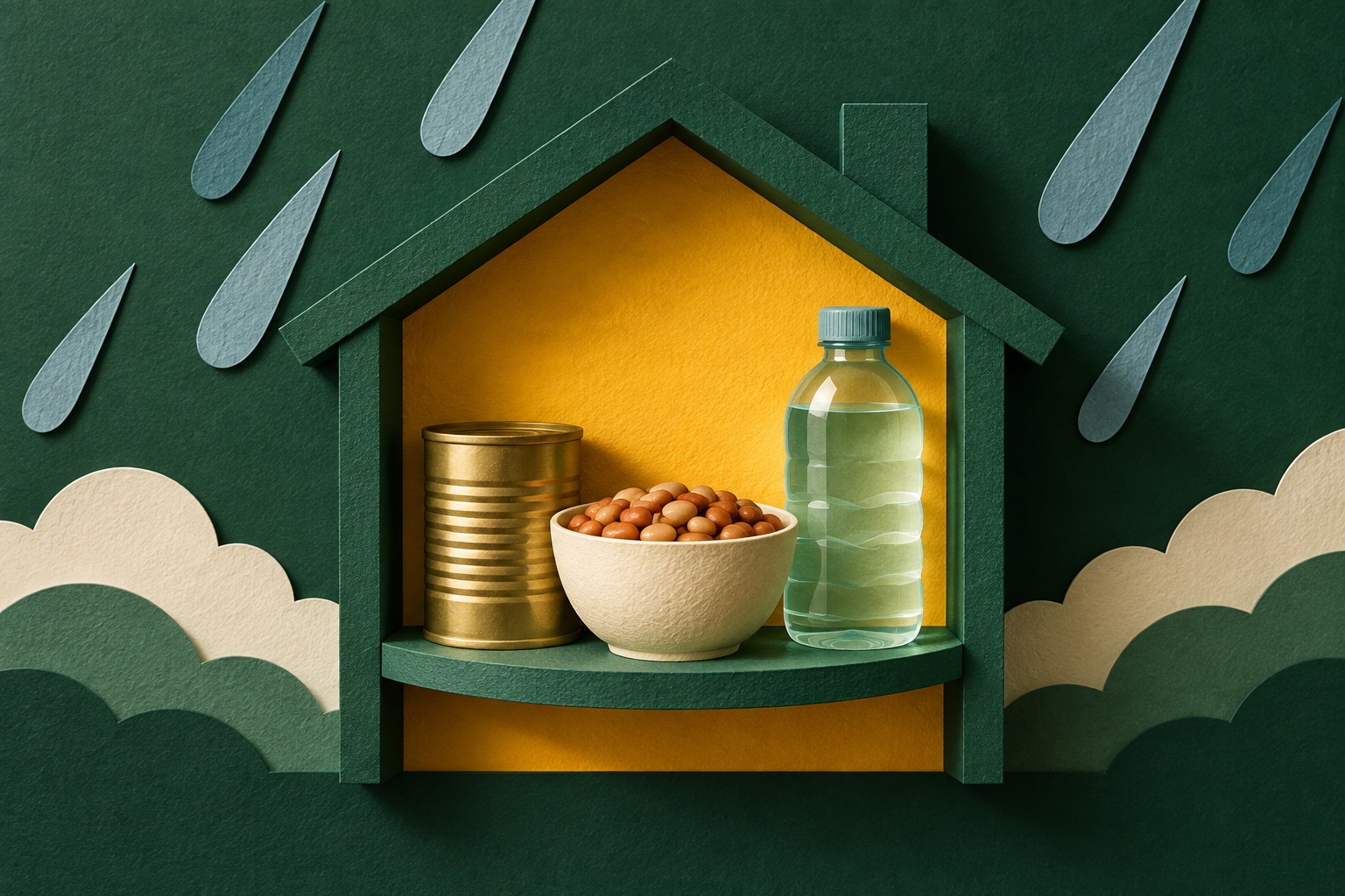 AI-illustratie in papiercollage van een huisvormige voorraadkast met een blik, een kom bonen en een waterfles, beschut tegen gestileerde regendruppels.