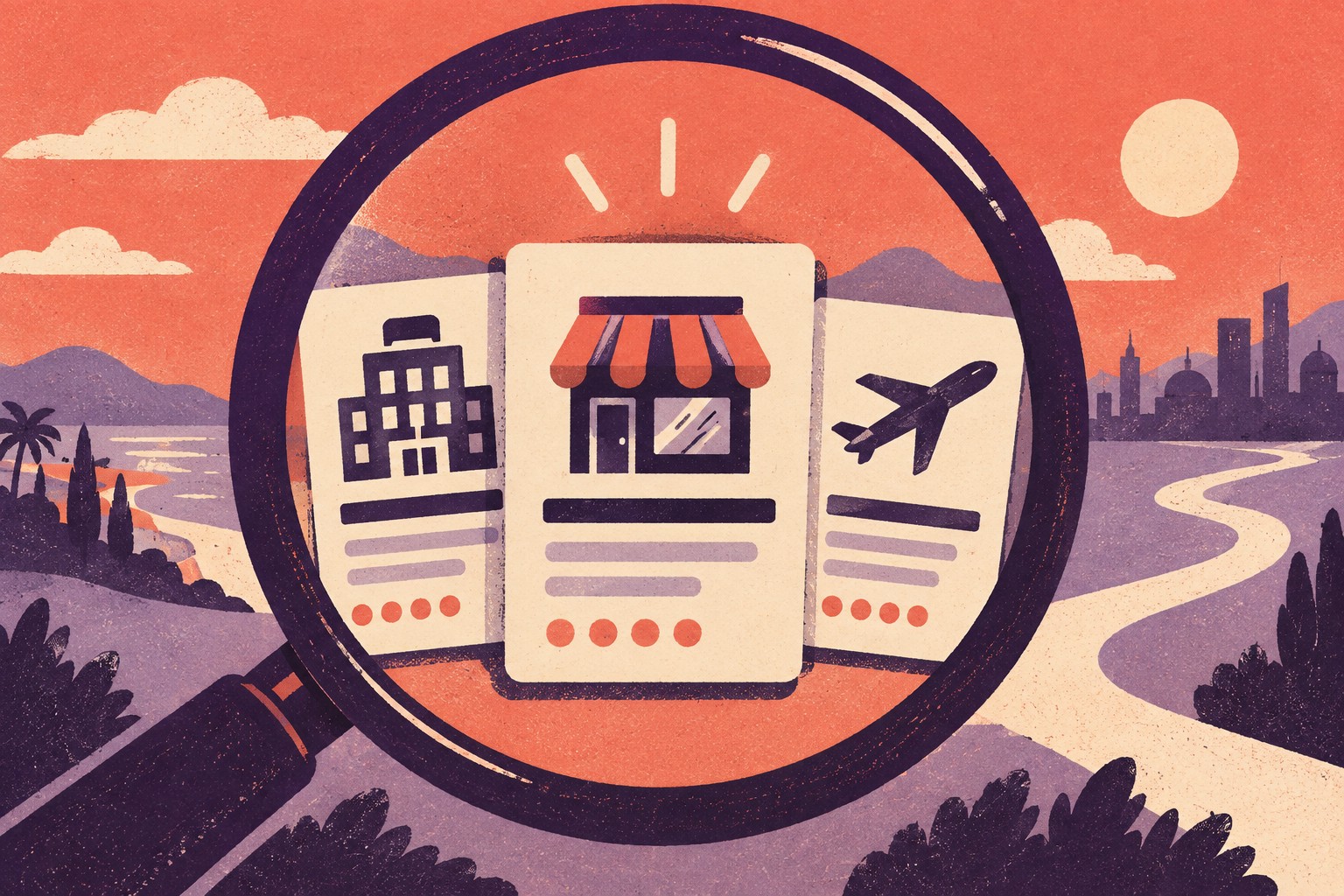AI-illustratie van een vergrootglas rond kaarten met een hotel, winkel en vliegtuig als verbeelding van zichtbaarheid in zoekresultaten.