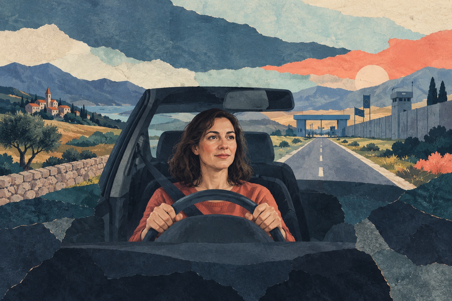 Conceptillustratie van een alerte automobilist met beide handen aan het stuur, op een weg richting een grens.