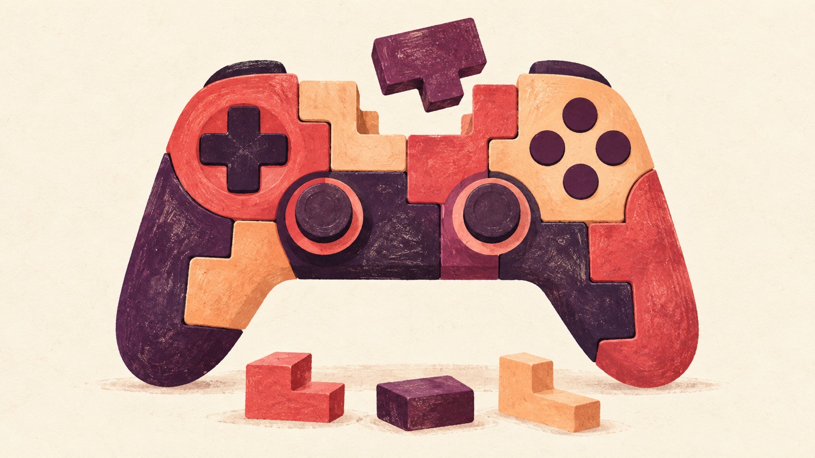 AI-illustratie van een controller uit losse puzzelstukken, als concept voor het herschikken van gamestudio’s.
