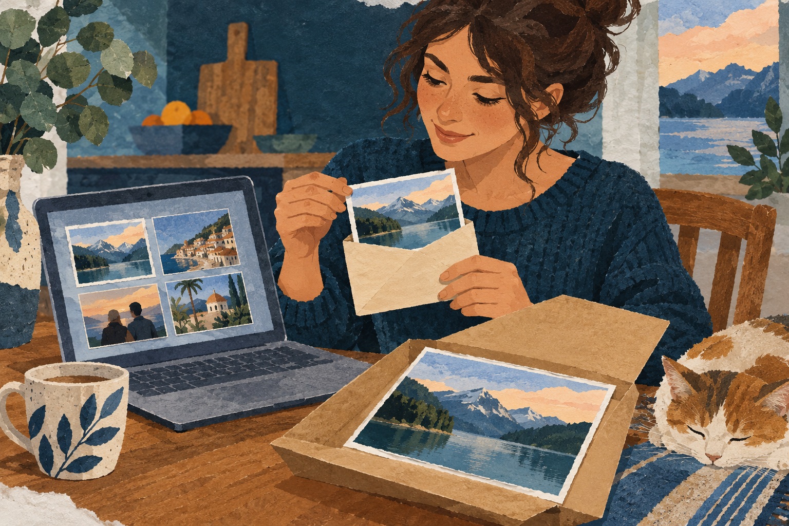 Conceptuele papiercollage van een jonge gebruiker met foto’s op een laptop en dezelfde landschapsafbeelding in een envelop en map.
