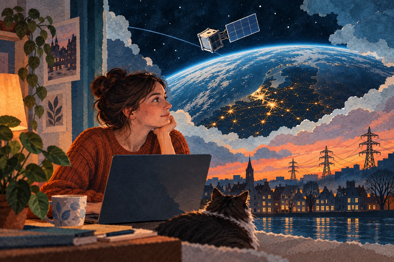 Conceptuele gouache-papiercollage: een jonge vrouw ziet vanaf haar laptop een kleine satelliet boven de aarde, met stroommasten aan de horizon. Geen afbeelding van de echte proefsatelliet.