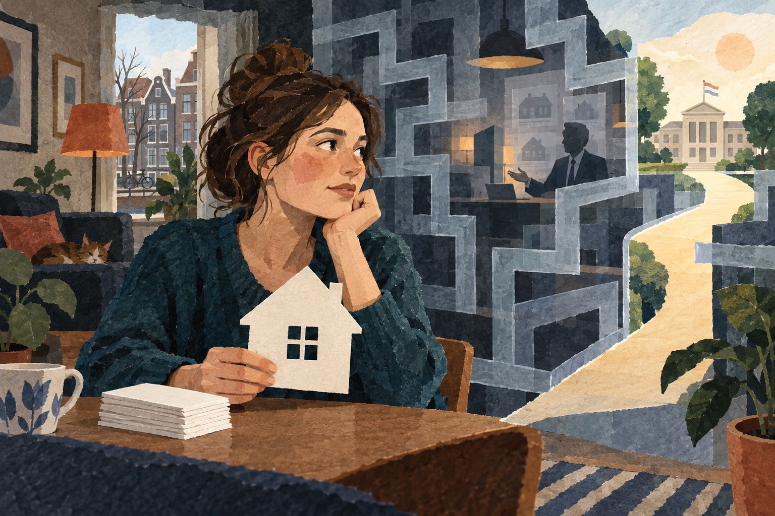 Illustratieve papieren collage: een huizenkoper met een huisvormig kaartje kijkt langs ondoorzichtige biedroutes naar een mogelijke openbare toezichthouder.