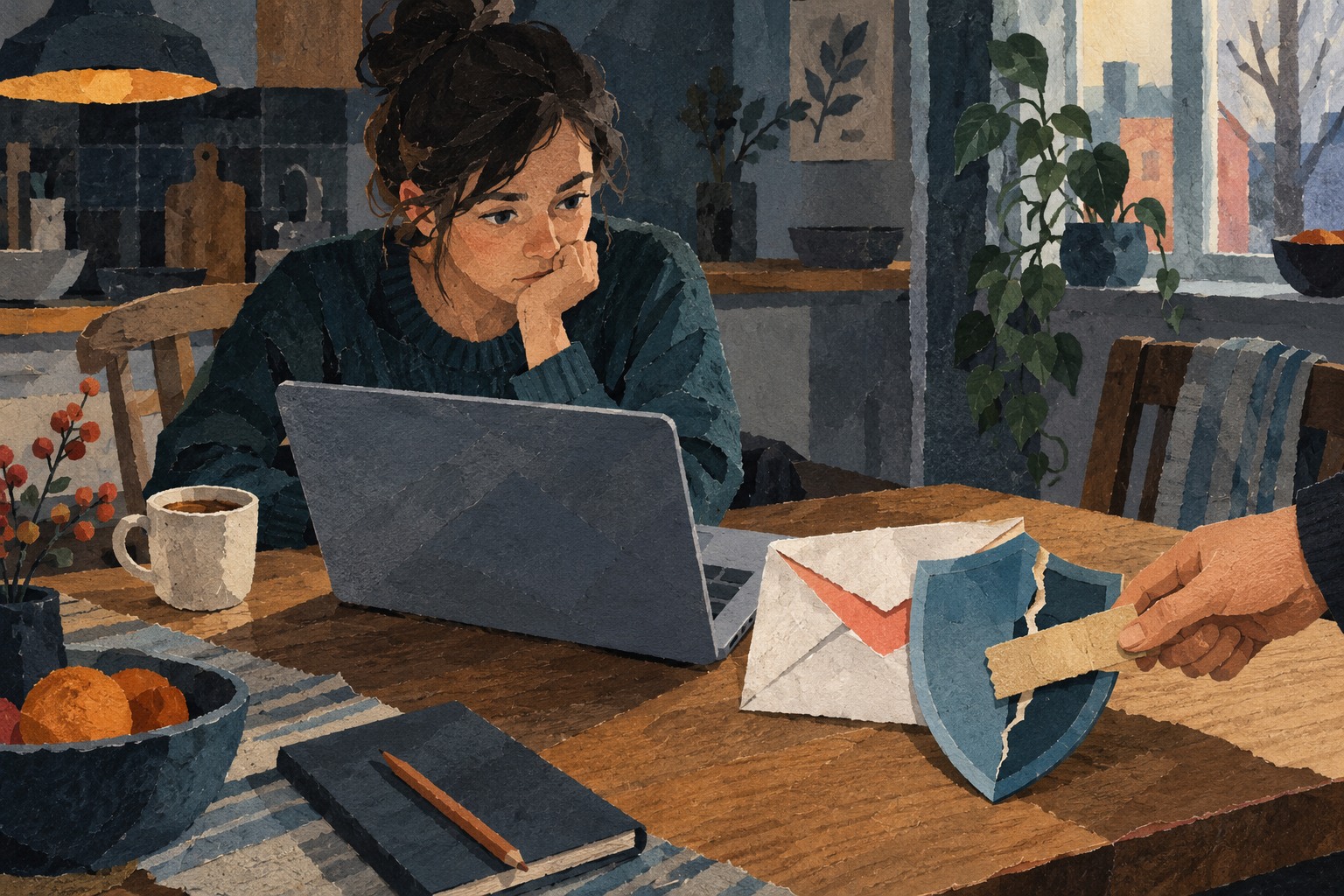 Geschilderde papiercollage van een jongvolwassene bij een laptop, met een envelop en een hersteld schild als symbool voor bestandsbeveiliging.