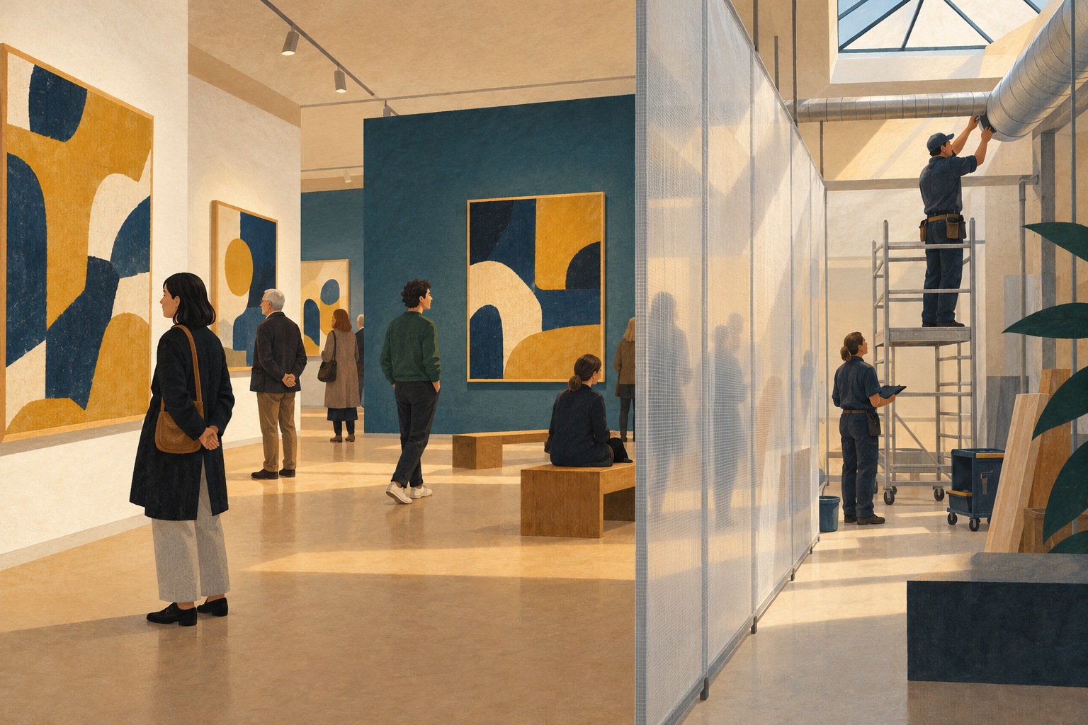AI-illustratie van een fictieve museumzaal met bezoekers en onderhoud achter een scheidingswand; geen weergave van het Van Gogh Museum of zijn bouwplan.