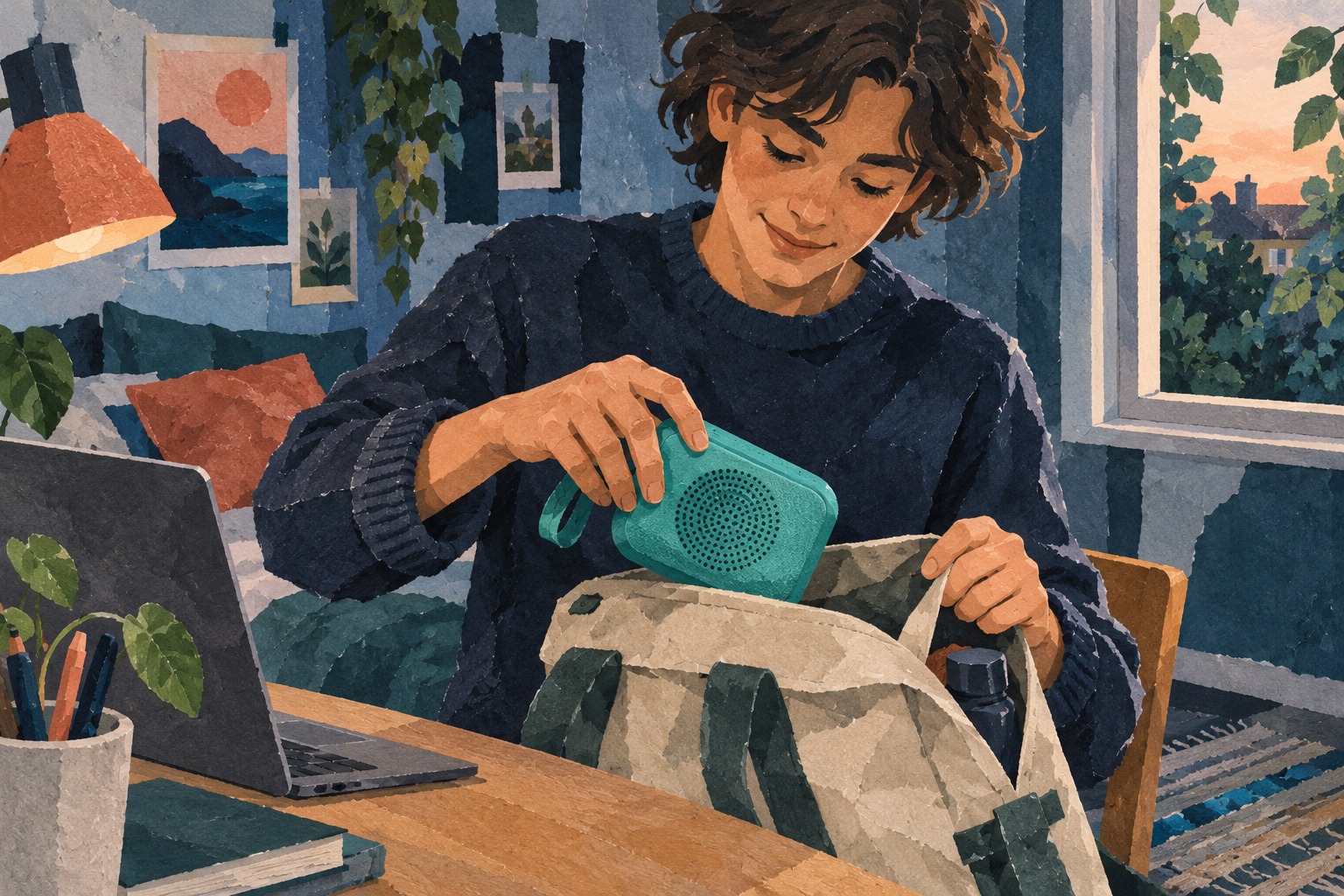 Papiercollage van een jonge luisteraar die aan een bureau een draagbare speaker in een tas stopt.