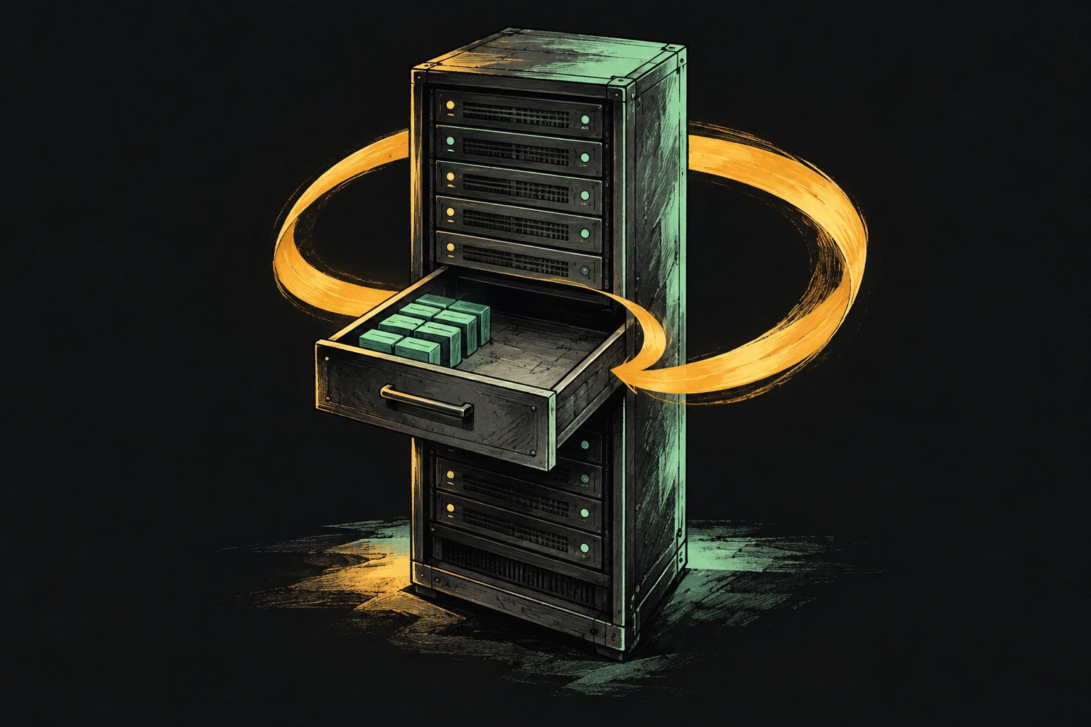 AI-illustratie van een serverkast met een ruime lade en een cirkelvormige route eromheen.