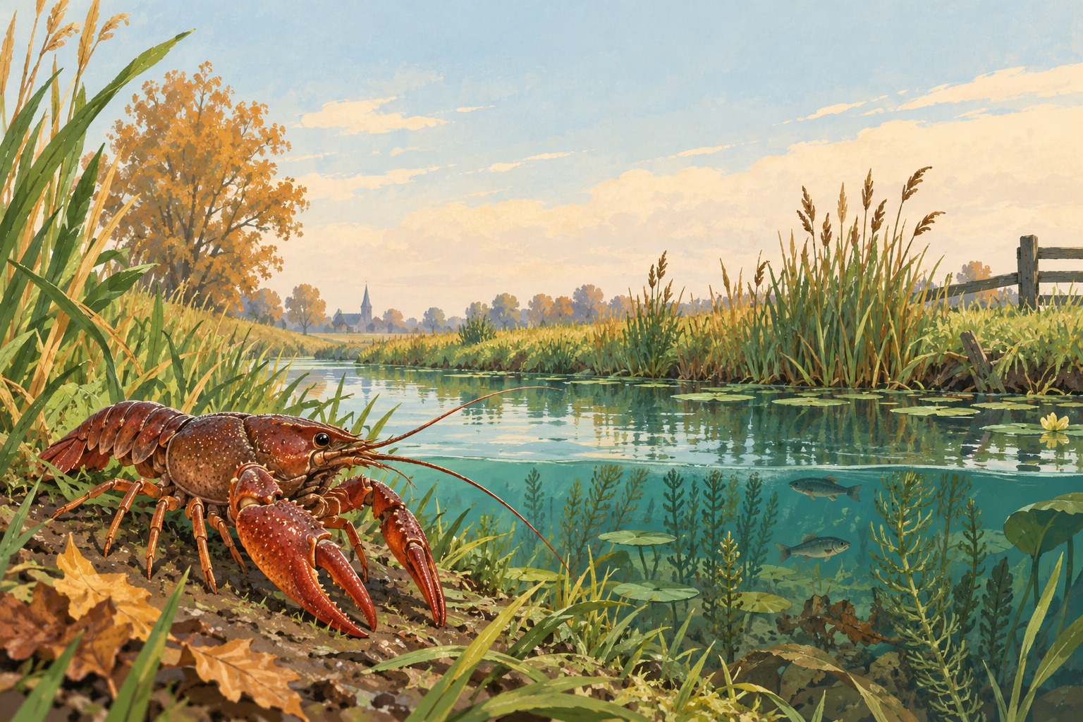 Illustratie van een rode rivierkreeft naast een Nederlandse sloot met riet en waterplanten.