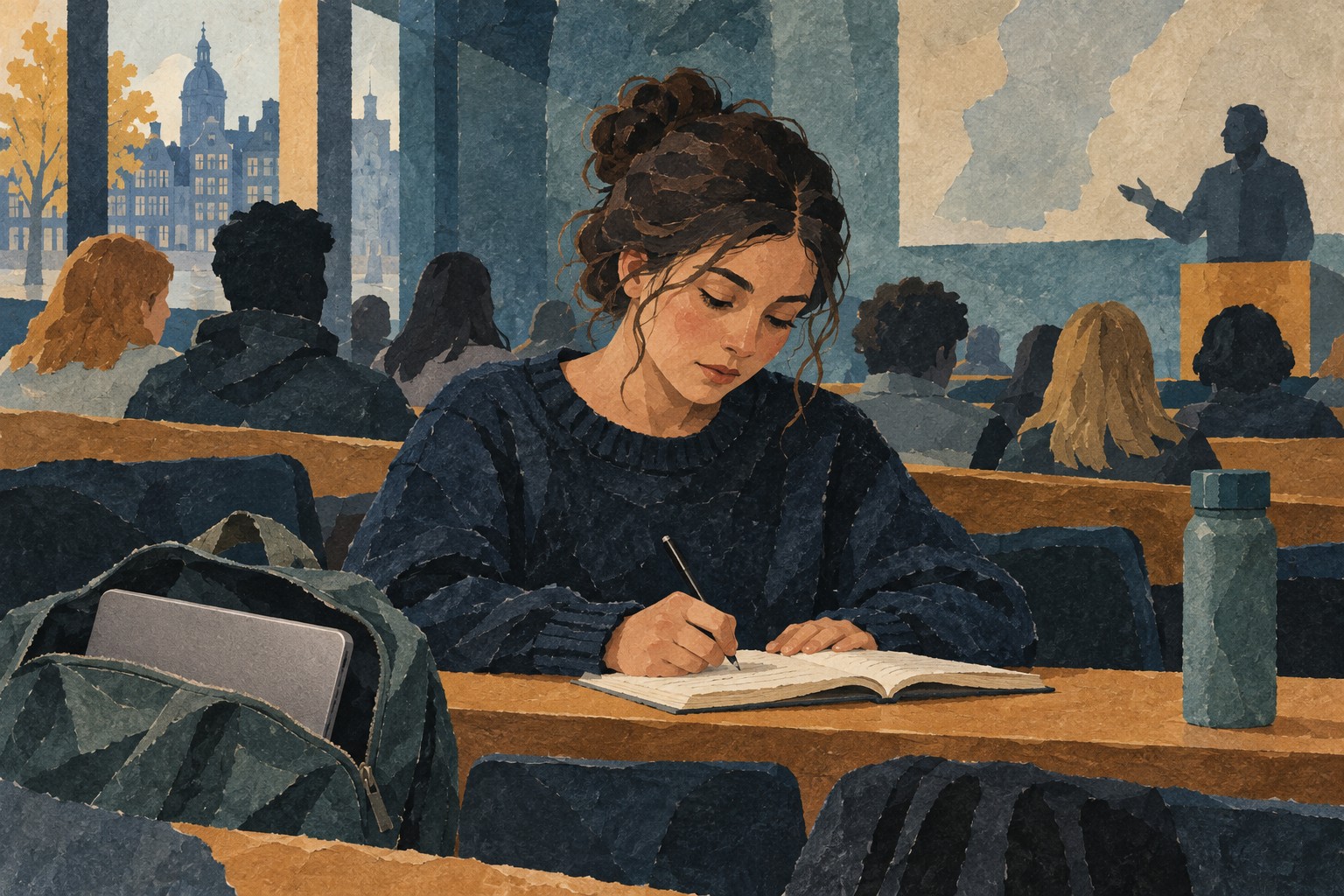 AI-illustratie van een student die in een collegezaal met de hand notities maakt, met een gesloten laptop in de tas.