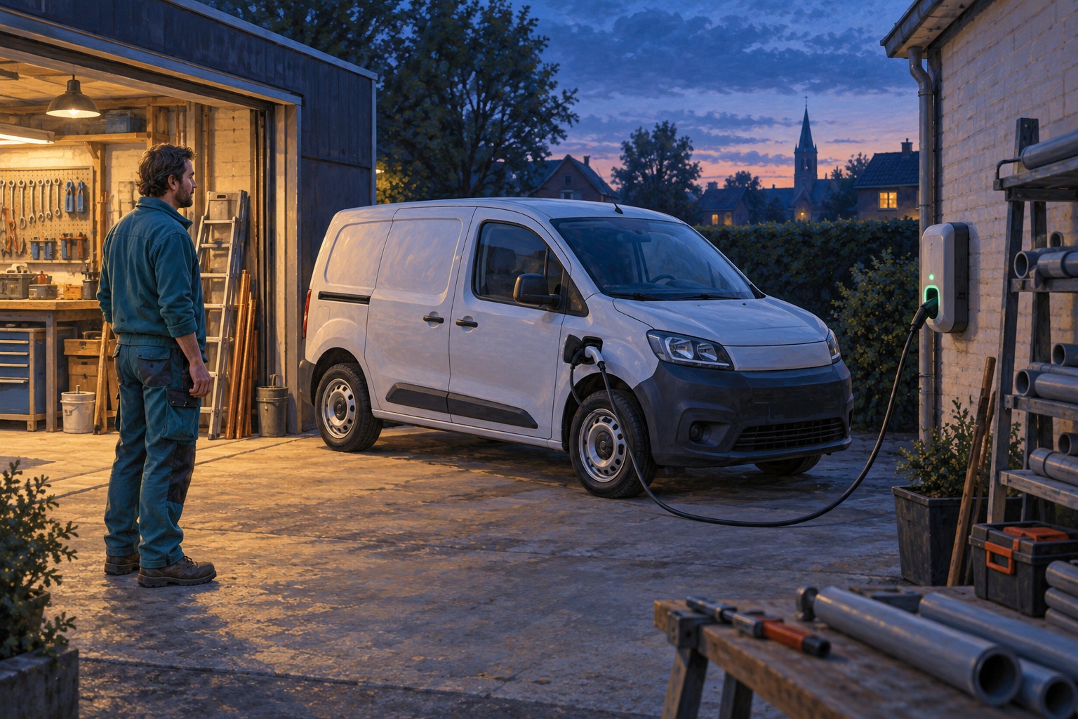 Illustratie van een werkbus die bij een werkplaats in de avond wordt opgeladen, met een medewerker op afstand.