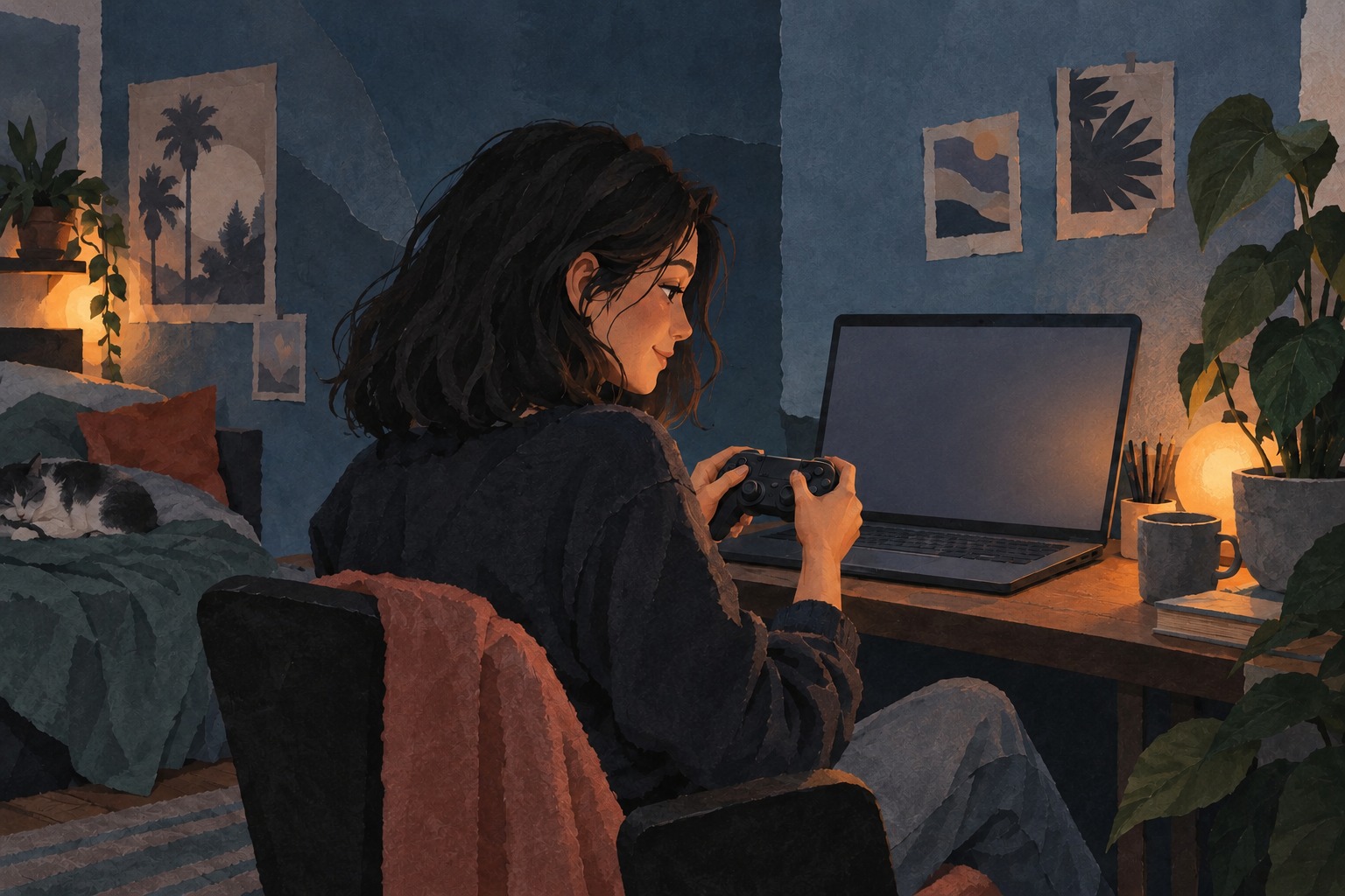 Conceptillustratie van een jonge volwassen vrouw met een controller voor een laptop; geen beeld uit GTA VI of een echte streamingtest.