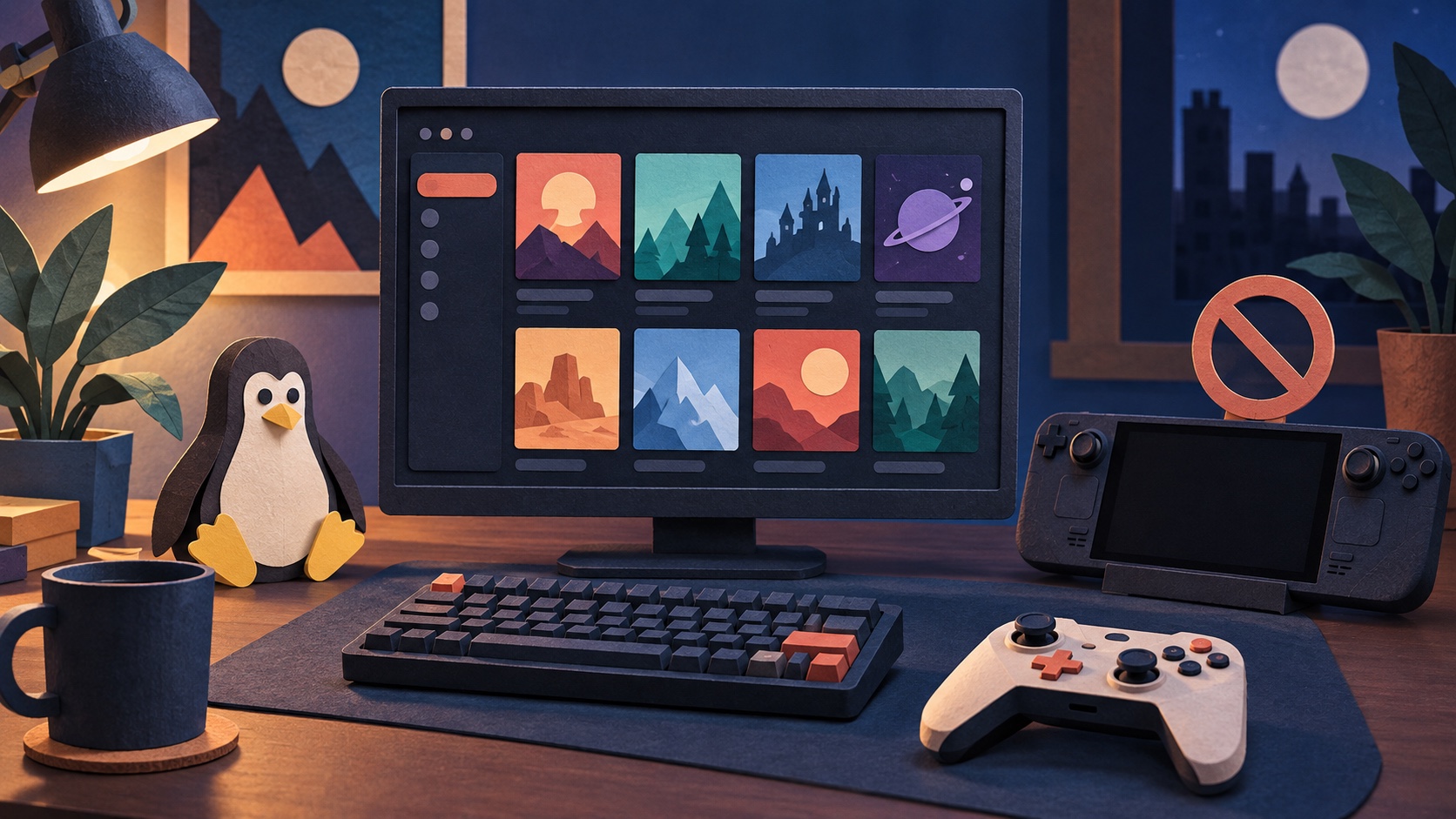 Conceptuele AI-illustratie van een gamecomputer met een papieren pinguïn en een draagbare spelcomputer; geen afbeelding van de echte Epic-launcher.